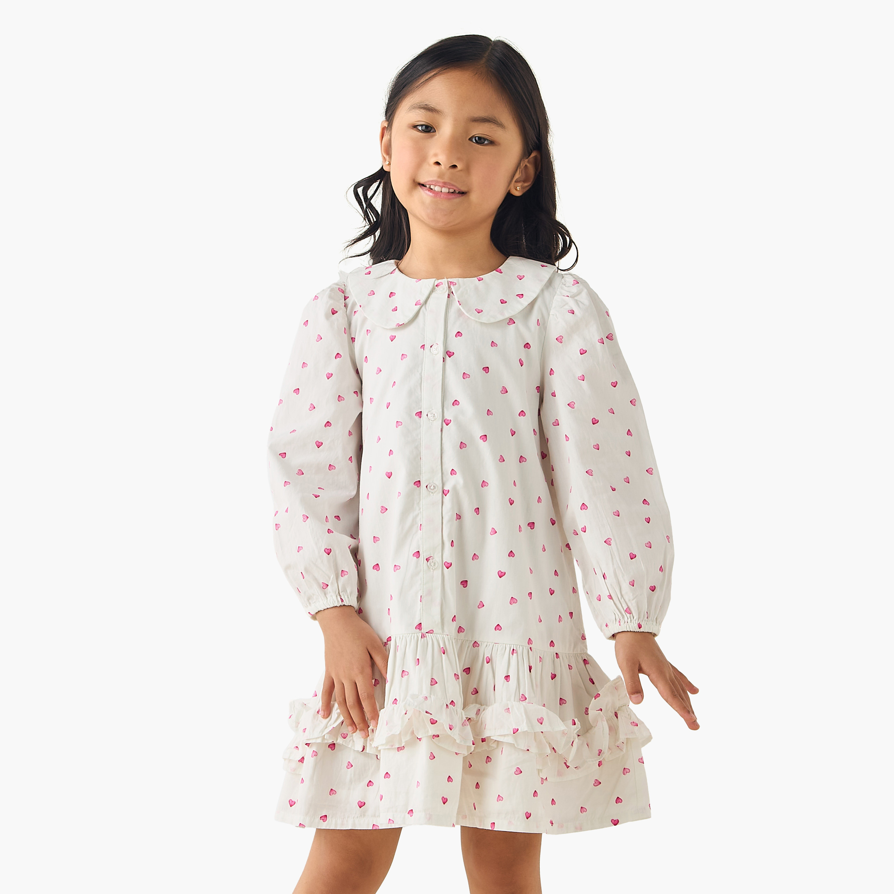 Juniors Peter Pan Collar Long Sleeves Drop Waist Dress with Ruffle Design-girls-clothing-dressesandjumpsuits-image-1