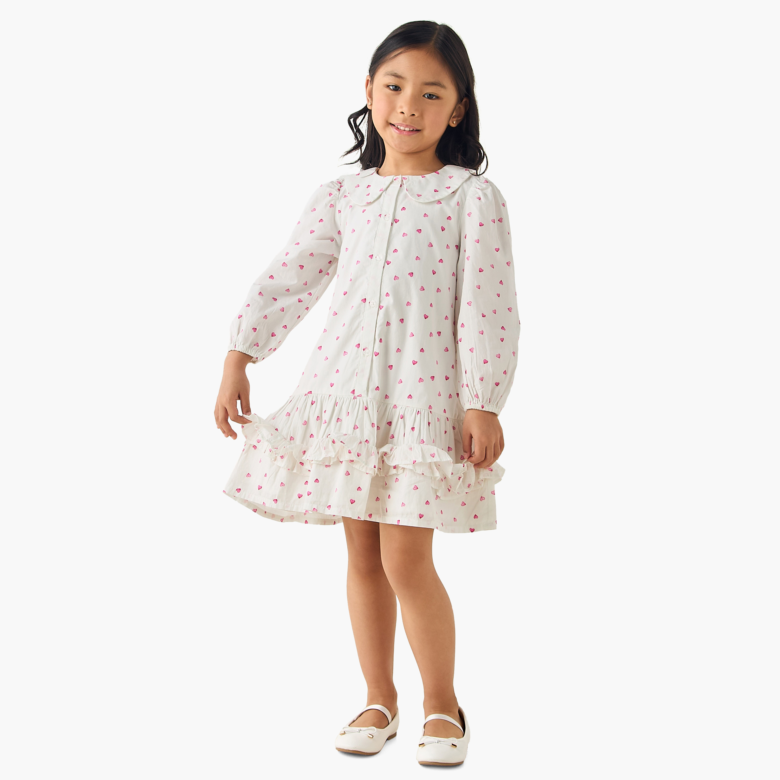 Juniors Peter Pan Collar Long Sleeves Drop Waist Dress with Ruffle Design-girls-clothing-dressesandjumpsuits-image-2