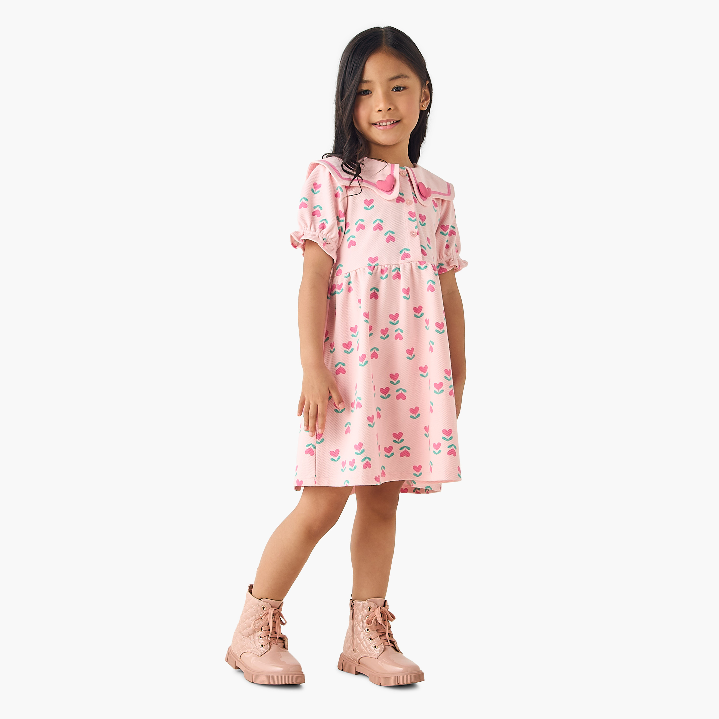 Juniors Sailor Neck Short Puff Sleeves Dress with Heart Print-girls-clothing-dressesandjumpsuits-image-2