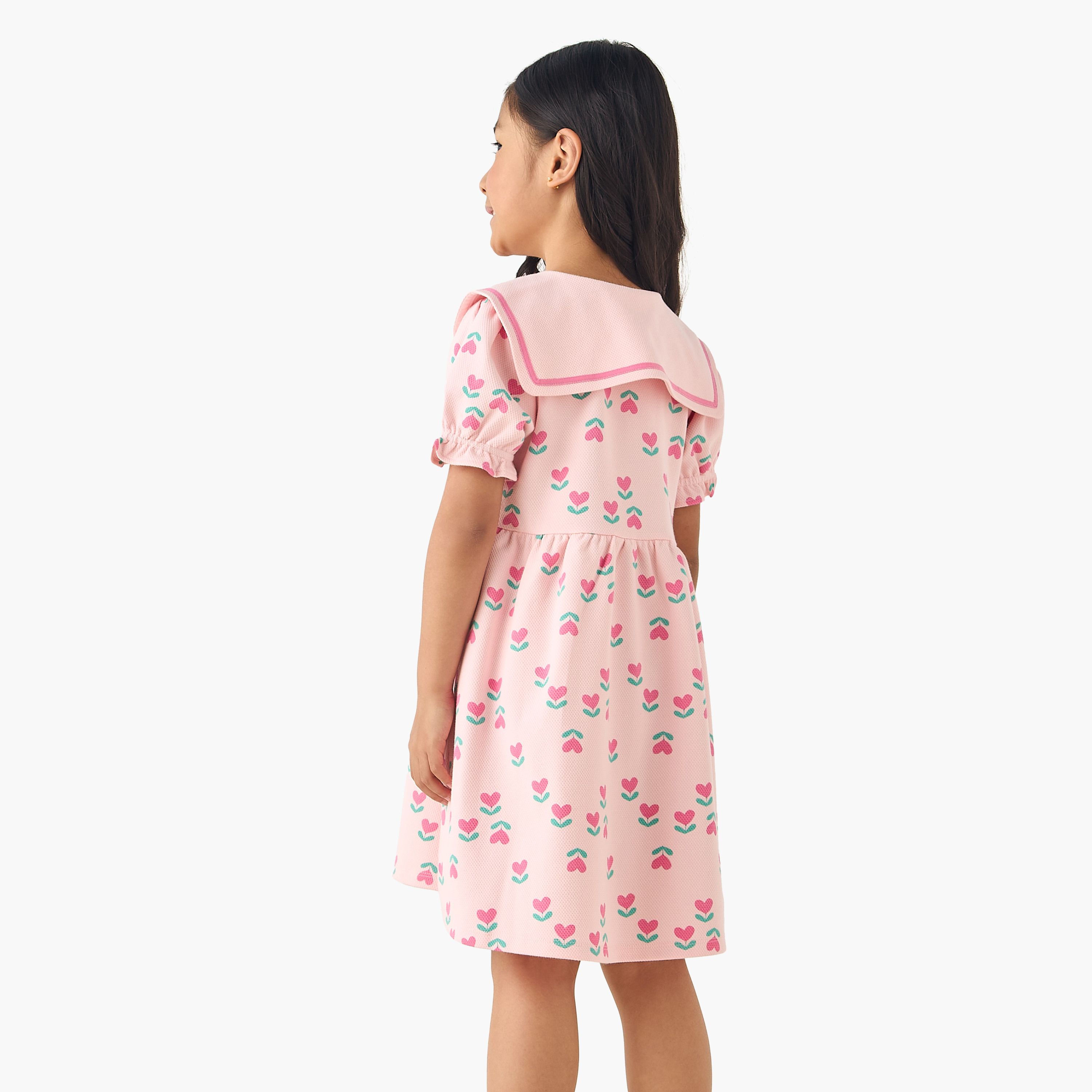 Juniors Sailor Neck Short Puff Sleeves Dress with Heart Print-girls-clothing-dressesandjumpsuits-image-3