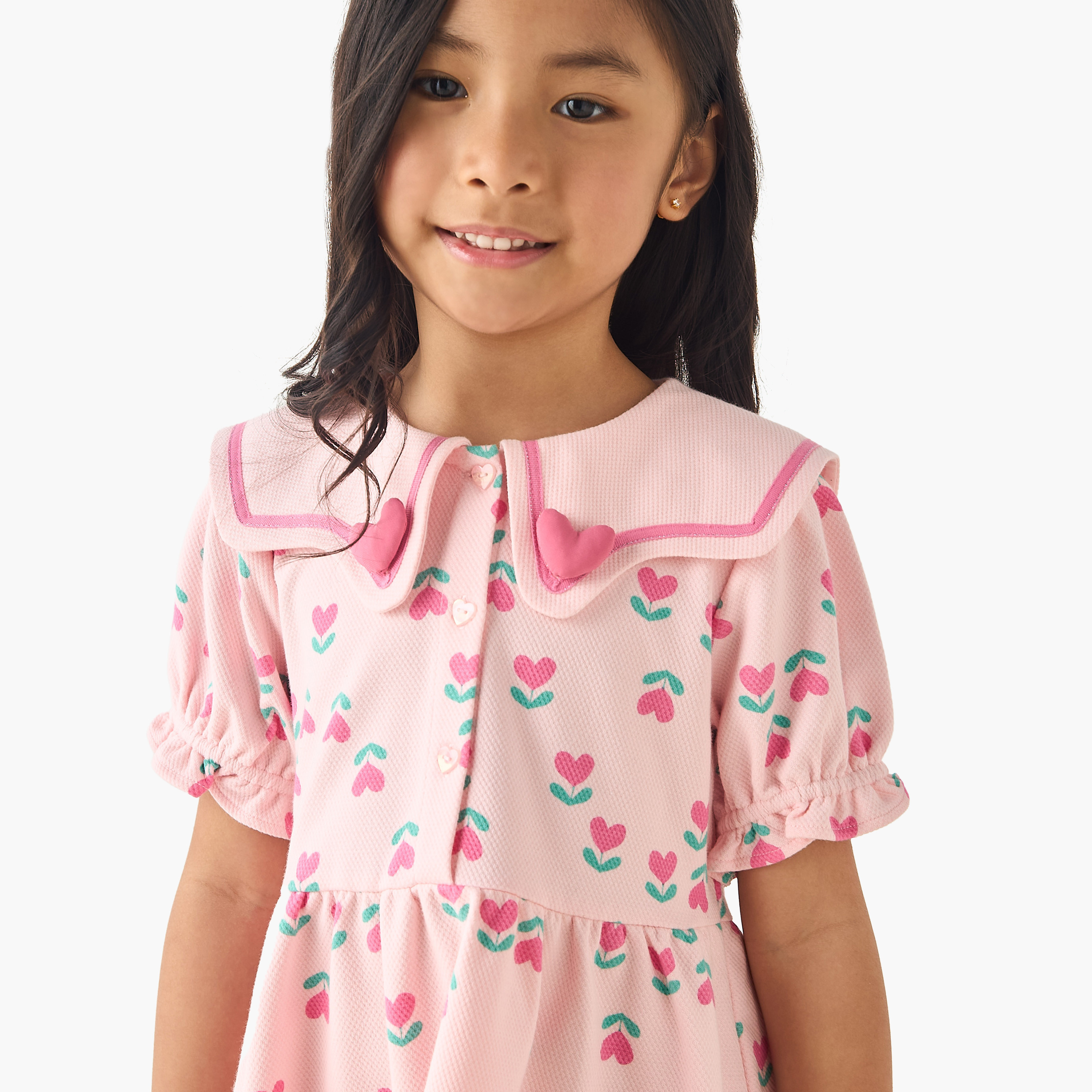 Juniors Sailor Neck Short Puff Sleeves Dress with Heart Print-girls-clothing-dressesandjumpsuits-image-4