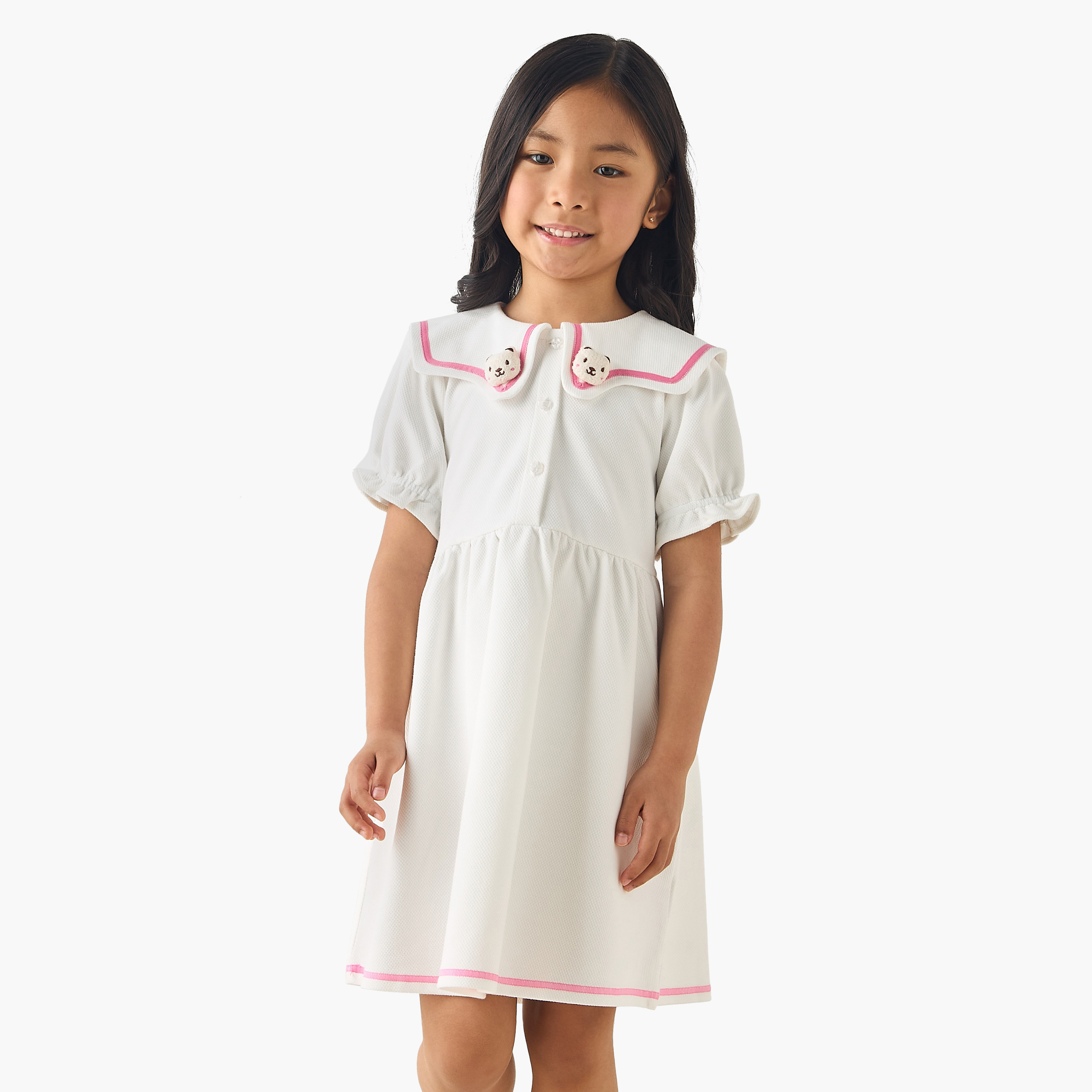 Juniors Sailor Collar Short Sleeves Dress with Bear Applique-girls-clothing-dressesandjumpsuits-image-1