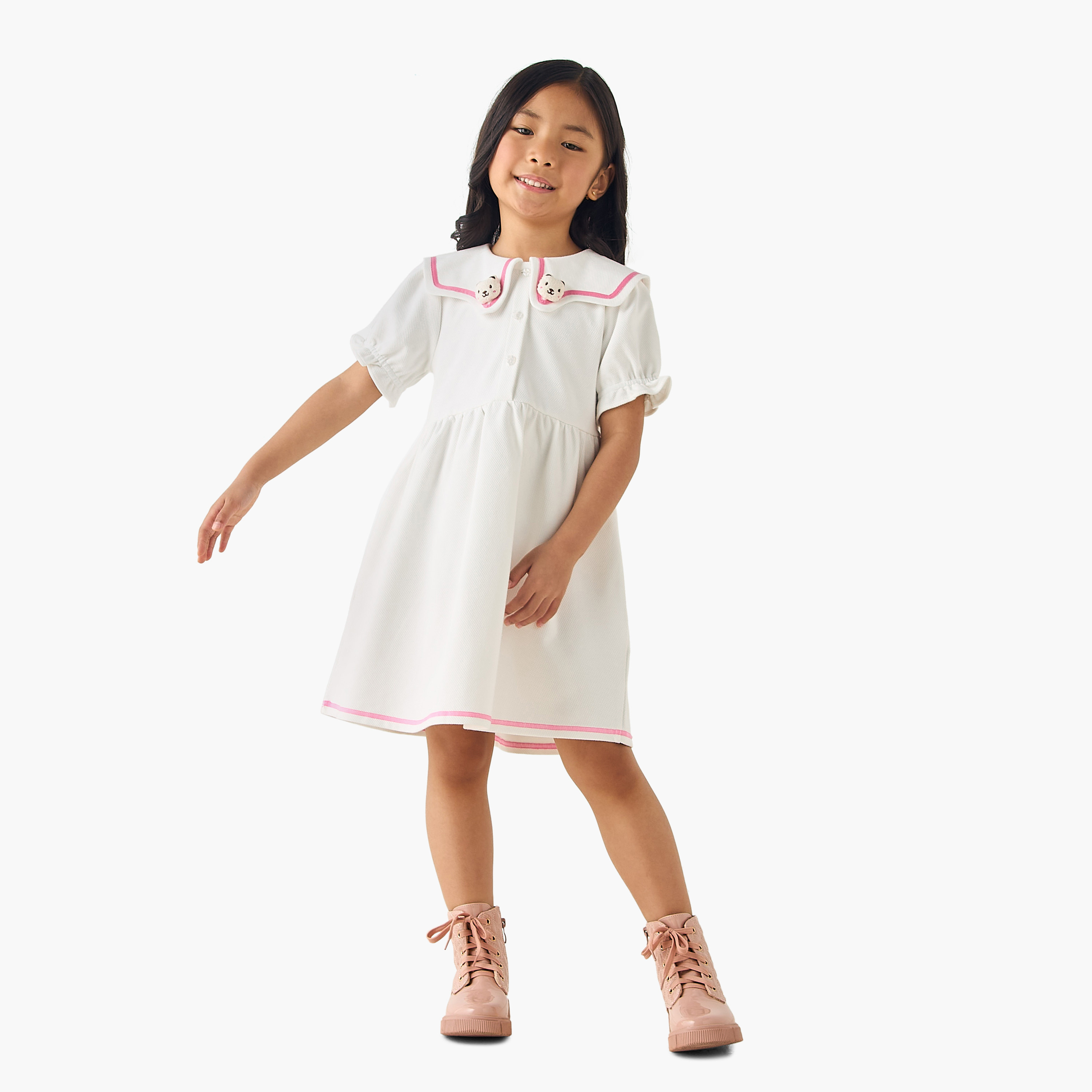 Juniors Sailor Collar Short Sleeves Dress with Bear Applique-girls-clothing-dressesandjumpsuits-image-2