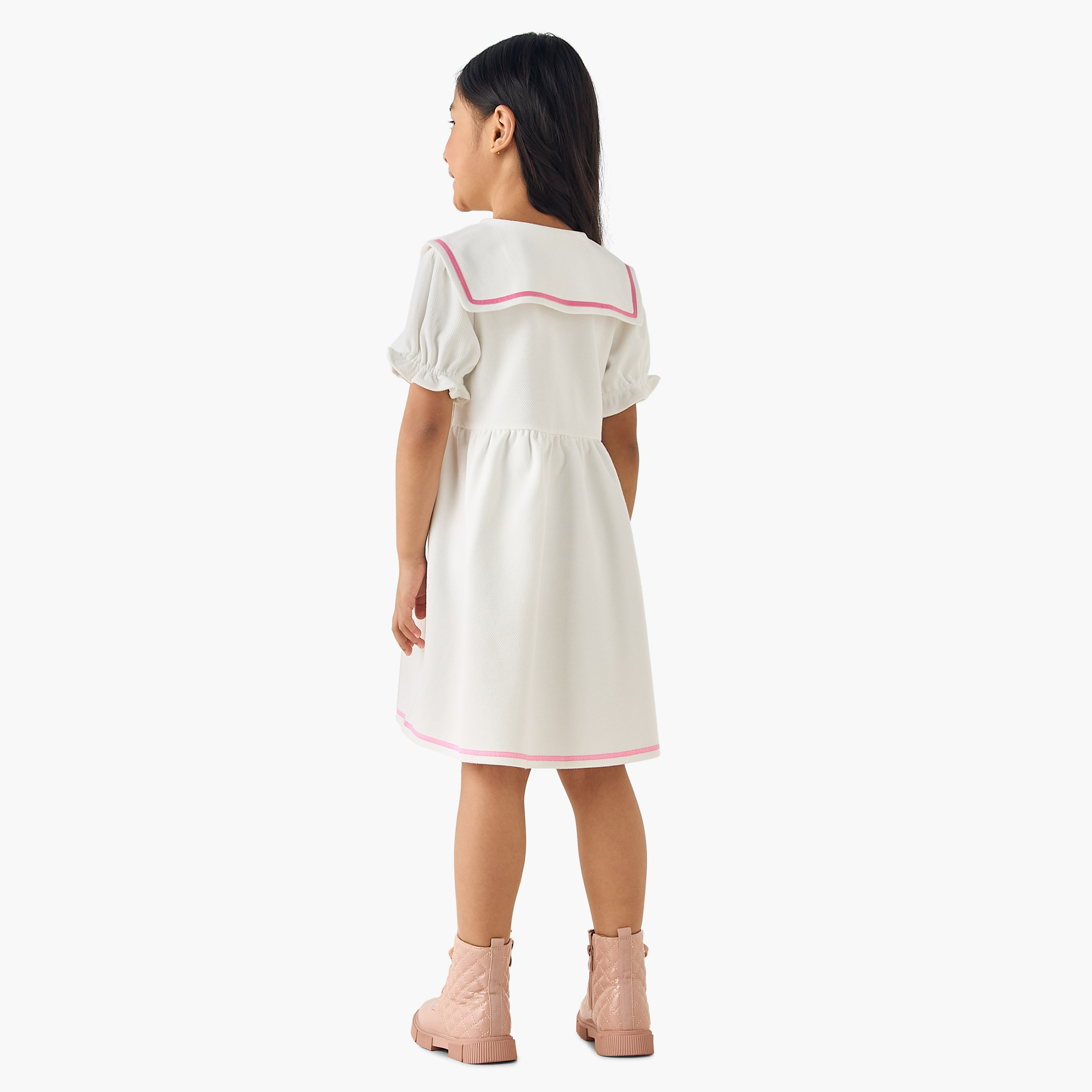 Juniors Sailor Collar Short Sleeves Dress with Bear Applique-girls-clothing-dressesandjumpsuits-image-3