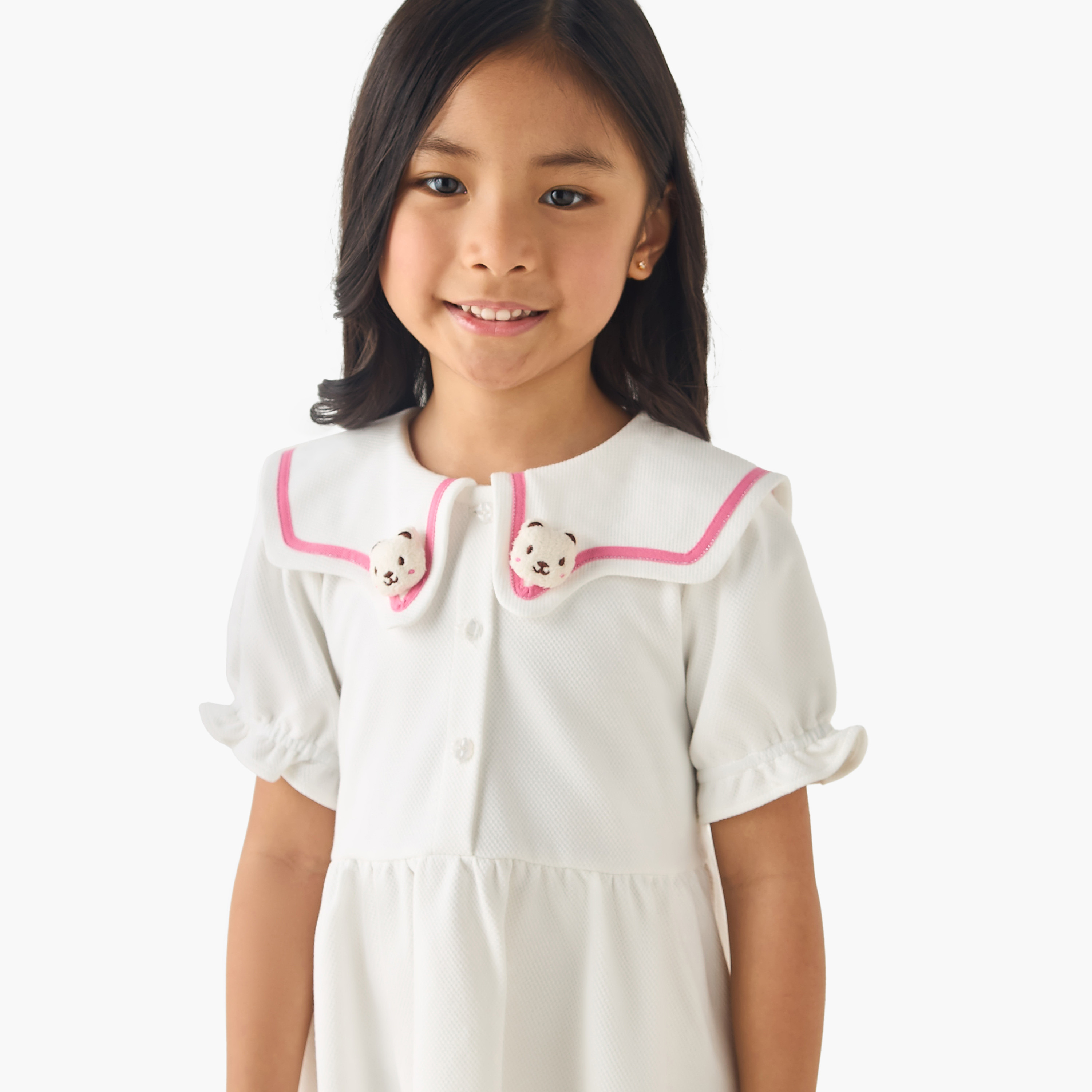 Juniors Sailor Collar Short Sleeves Dress with Bear Applique-girls-clothing-dressesandjumpsuits-image-4