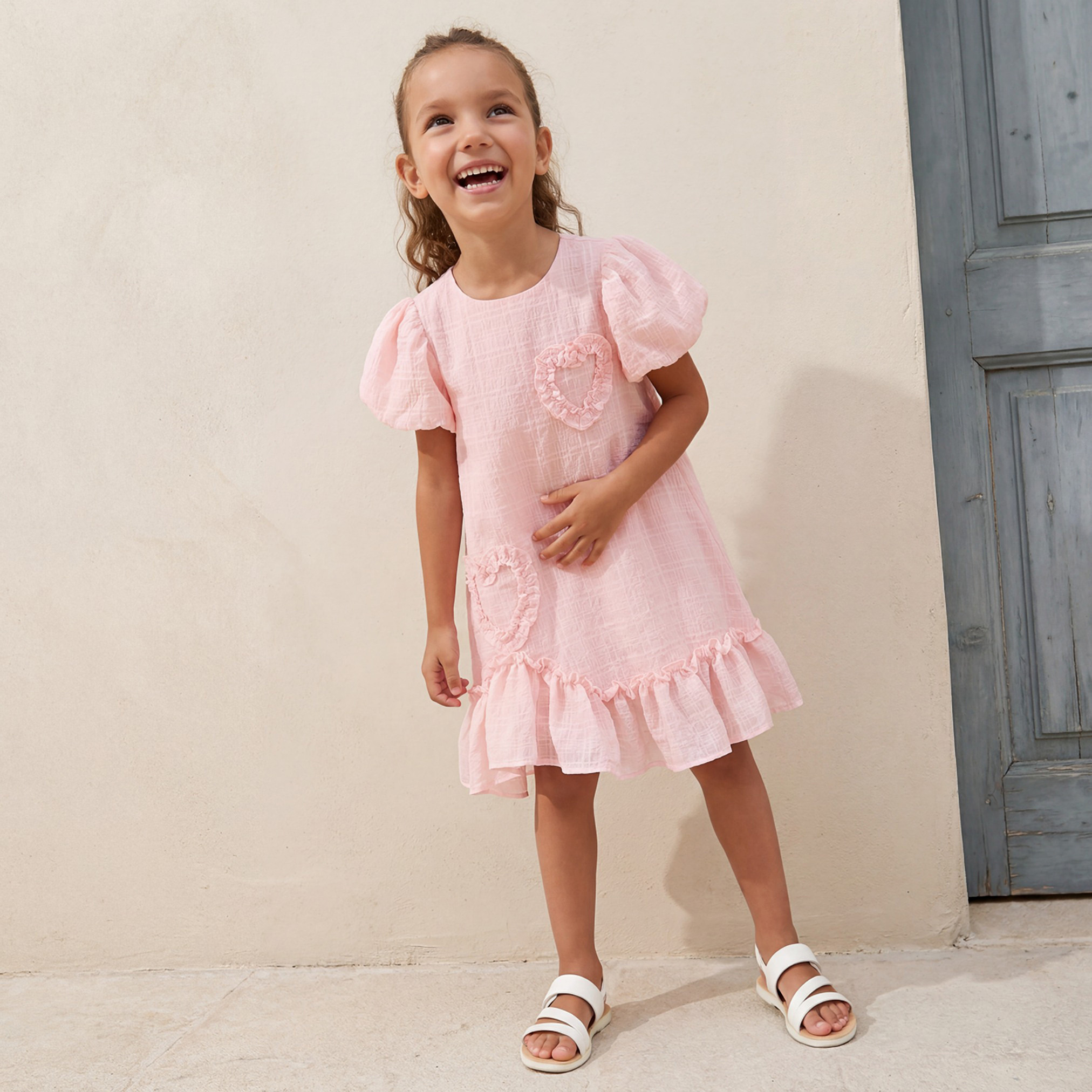 Juniors Round Neck Balloon Sleeve Dress with Heart Applique-girls-clothing-dressesandjumpsuits-image-1