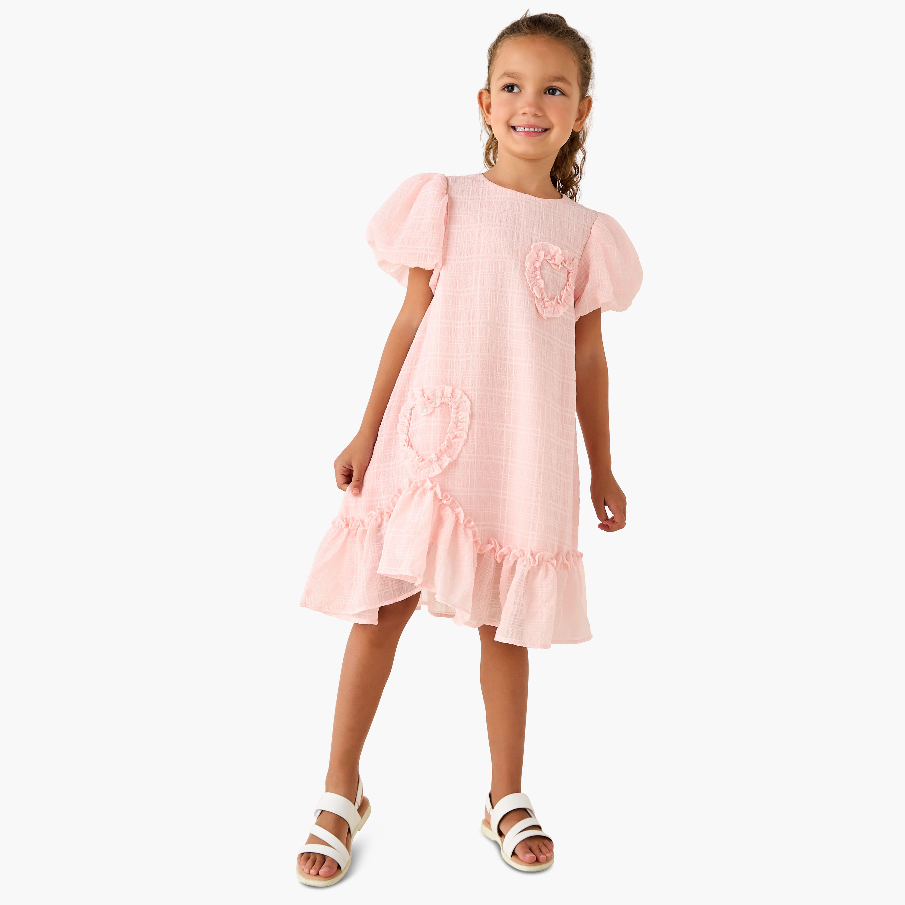 Juniors Round Neck Balloon Sleeve Dress with Heart Applique-girls-clothing-dressesandjumpsuits-image-2