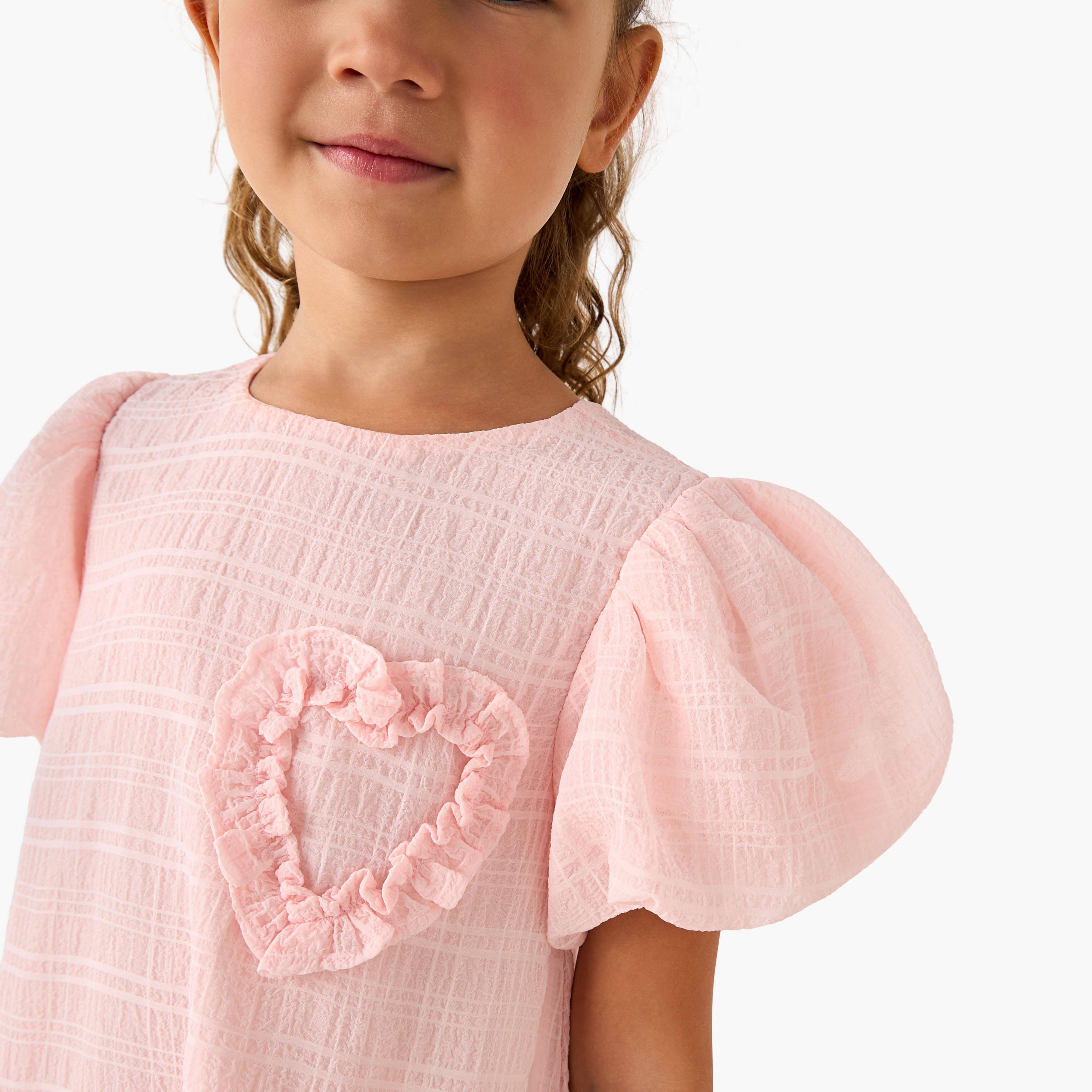 Juniors Round Neck Balloon Sleeve Dress with Heart Applique-girls-clothing-dressesandjumpsuits-image-4