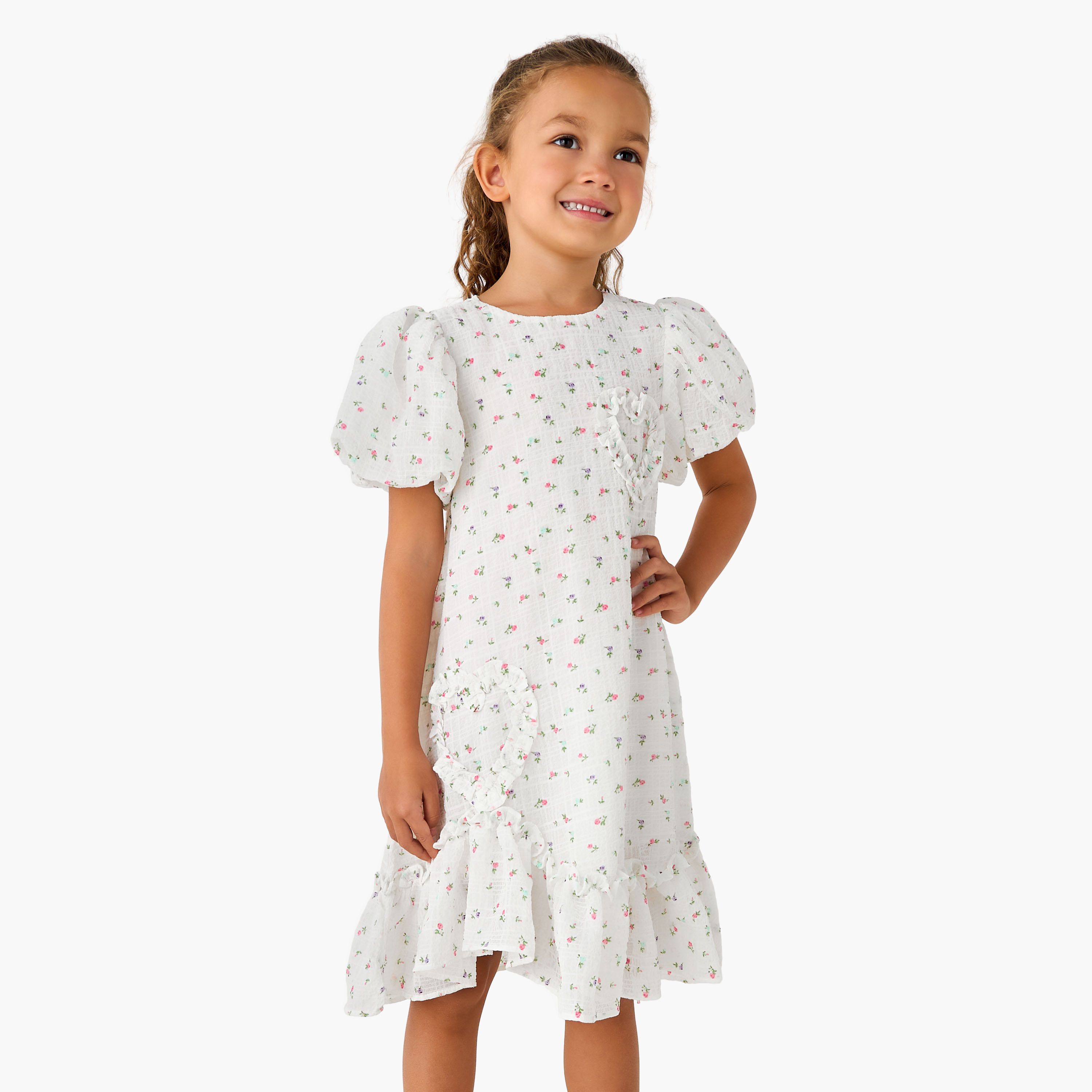 Juniors Round Neck Balloon Sleeve Dress with Heart Applique-girls-clothing-dressesandjumpsuits-image-1