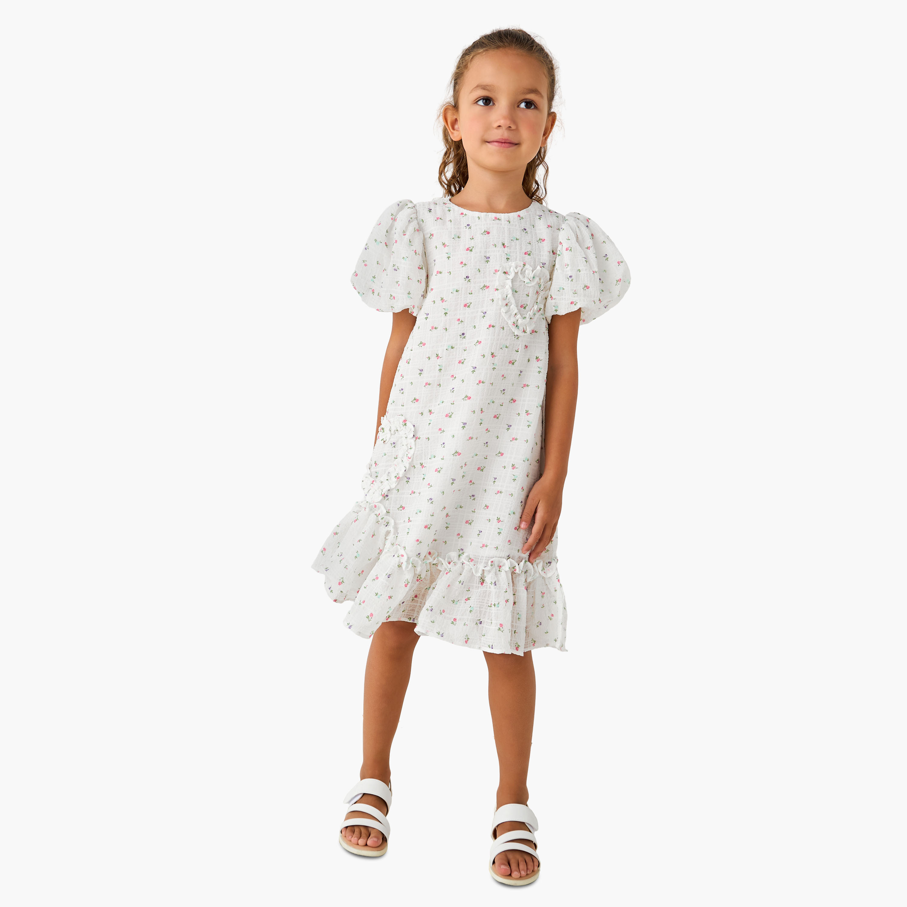Juniors Round Neck Balloon Sleeve Dress with Heart Applique-girls-clothing-dressesandjumpsuits-image-2