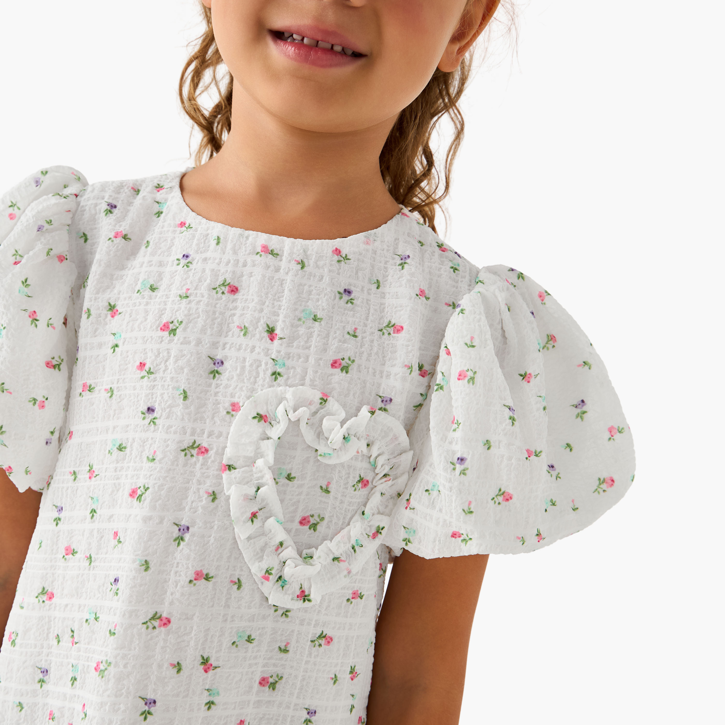 Juniors Round Neck Balloon Sleeve Dress with Heart Applique-girls-clothing-dressesandjumpsuits-image-4