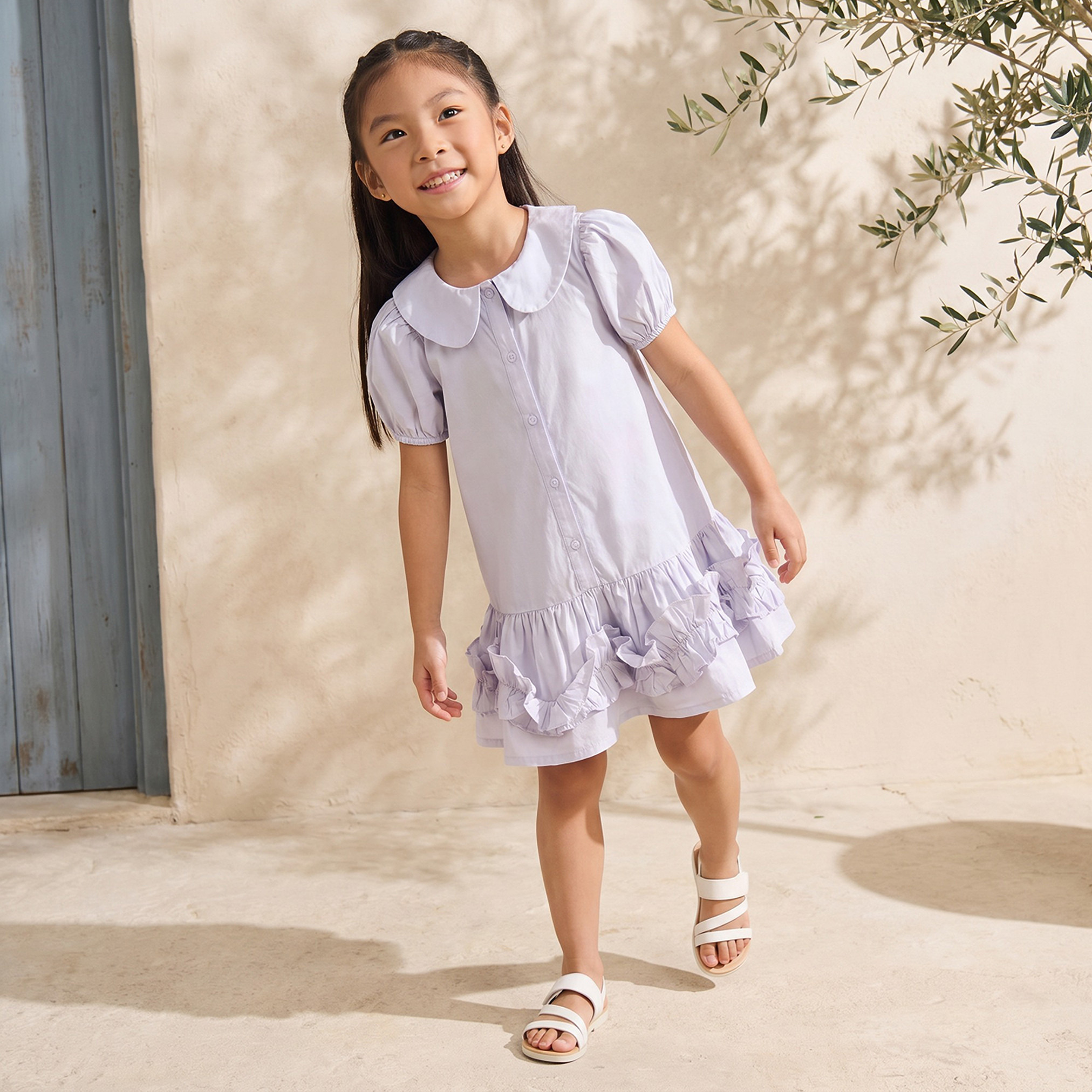 Juniors Peter Pan Collar Short Sleeves Drop Waist Dress with Ruffle Detail-girls-clothing-dressesandjumpsuits-image-1