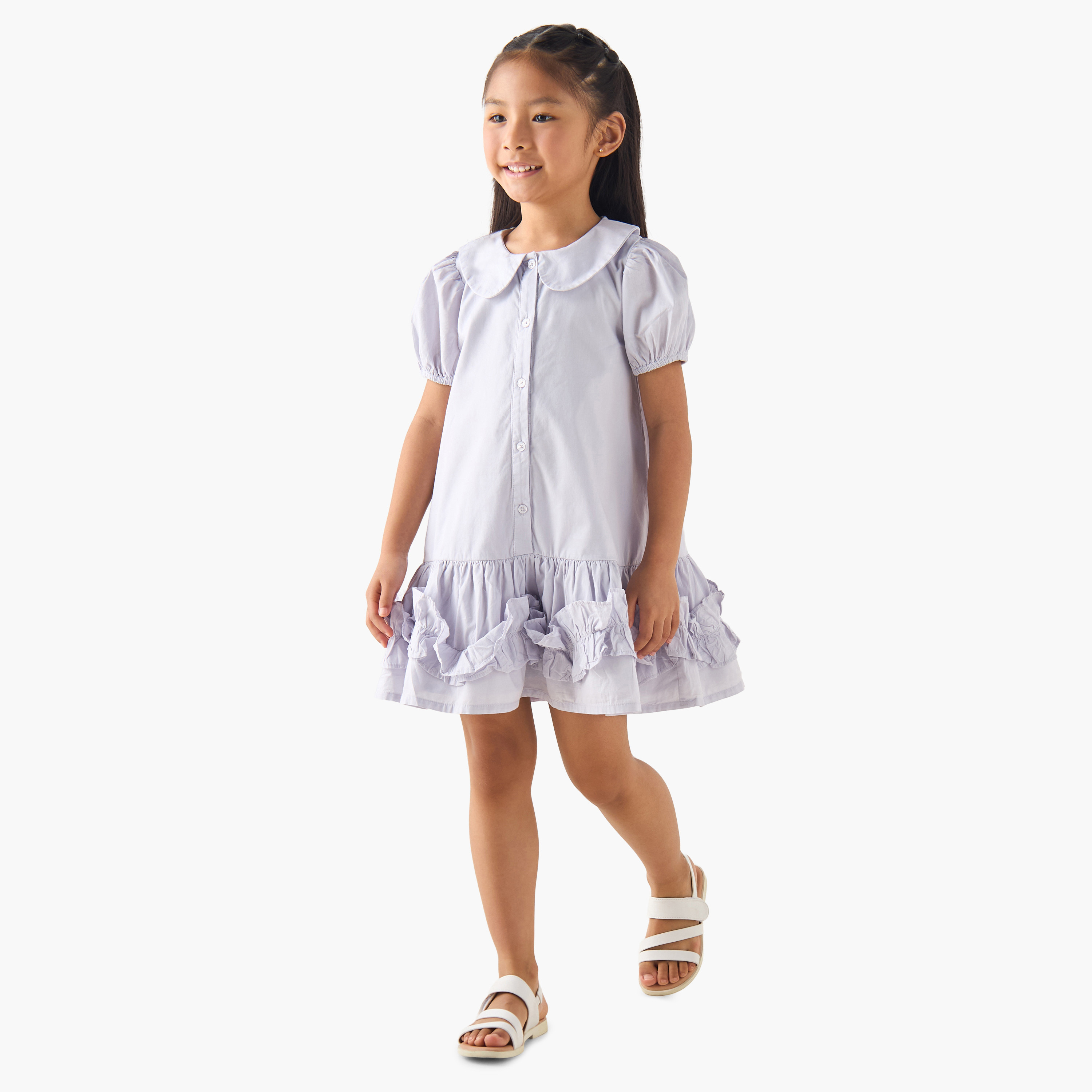 Juniors Peter Pan Collar Short Sleeves Drop Waist Dress with Ruffle Detail-girls-clothing-dressesandjumpsuits-image-2
