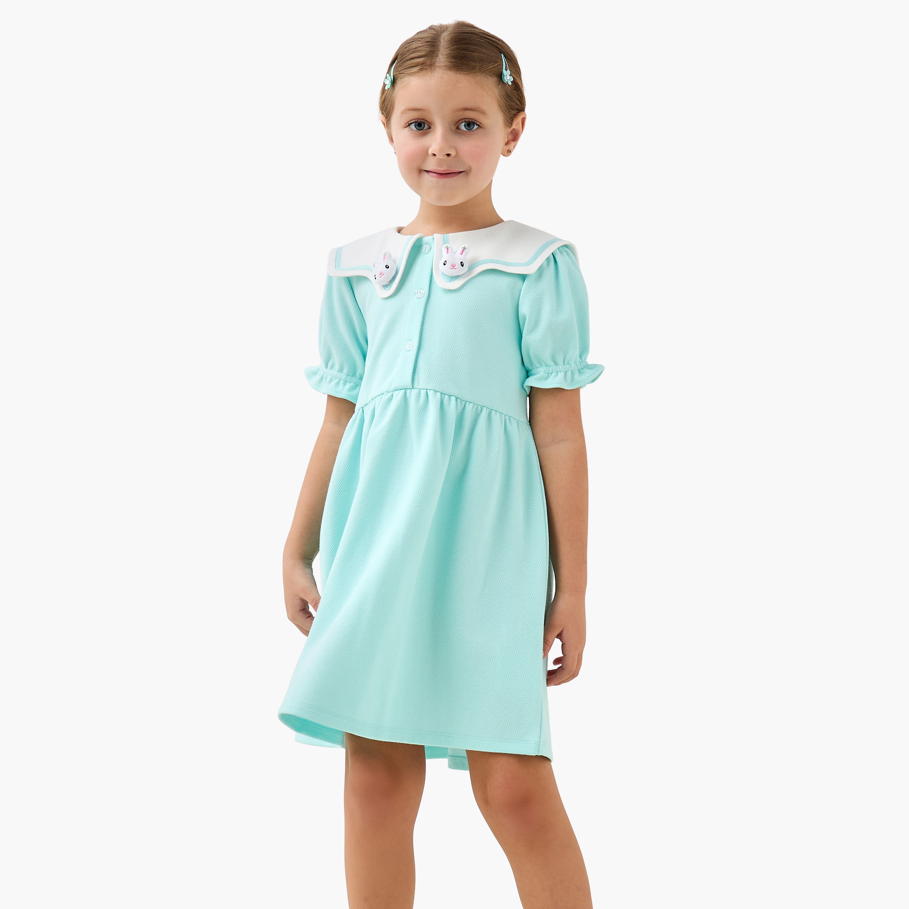 Juniors Sailor Neck Short Sleeves A-Line Dress with Bunny Applique-girls-clothing-dressesandjumpsuits-image-1