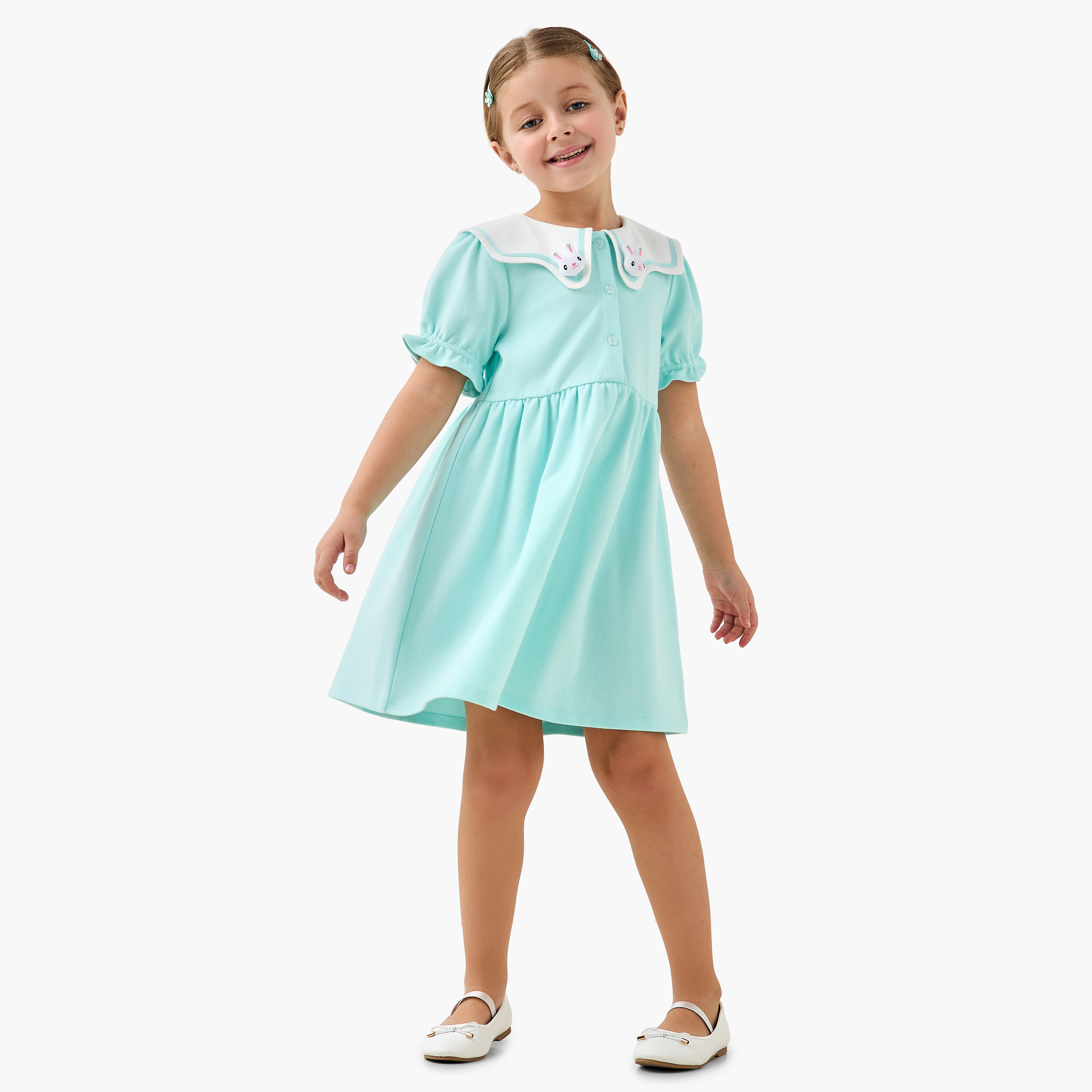 Juniors Sailor Neck Short Sleeves A-Line Dress with Bunny Applique-girls-clothing-dressesandjumpsuits-image-2