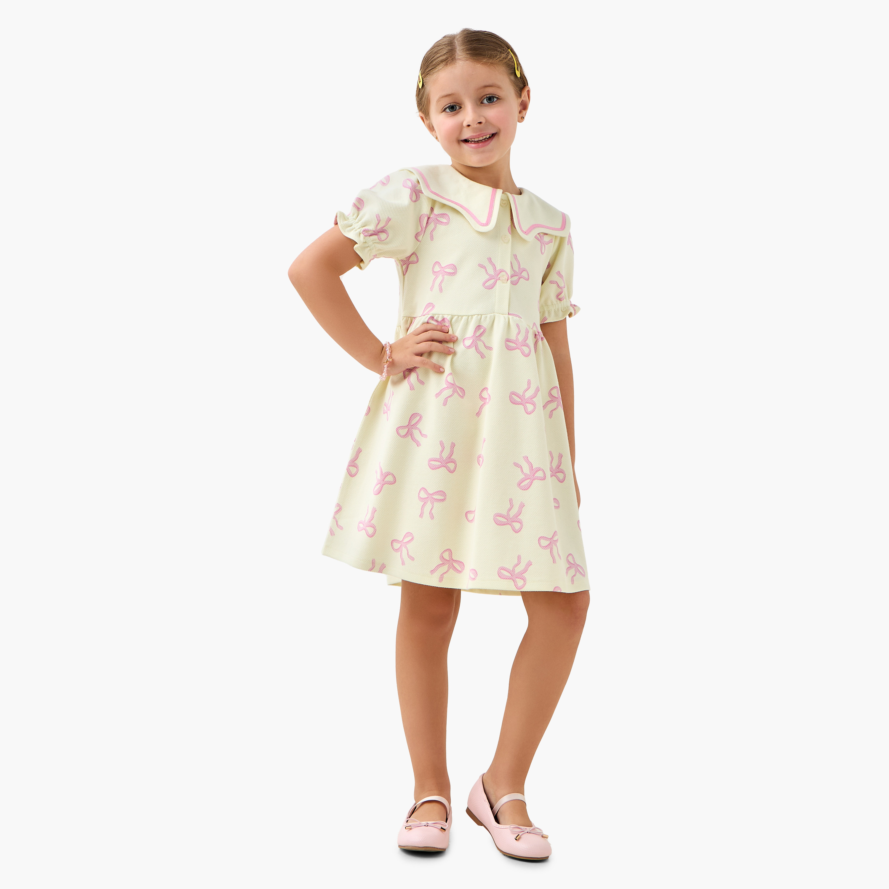 Juniors Sailor Neck Short Sleeves A-Line Dress with Bow Print-girls-clothing-dressesandjumpsuits-image-1