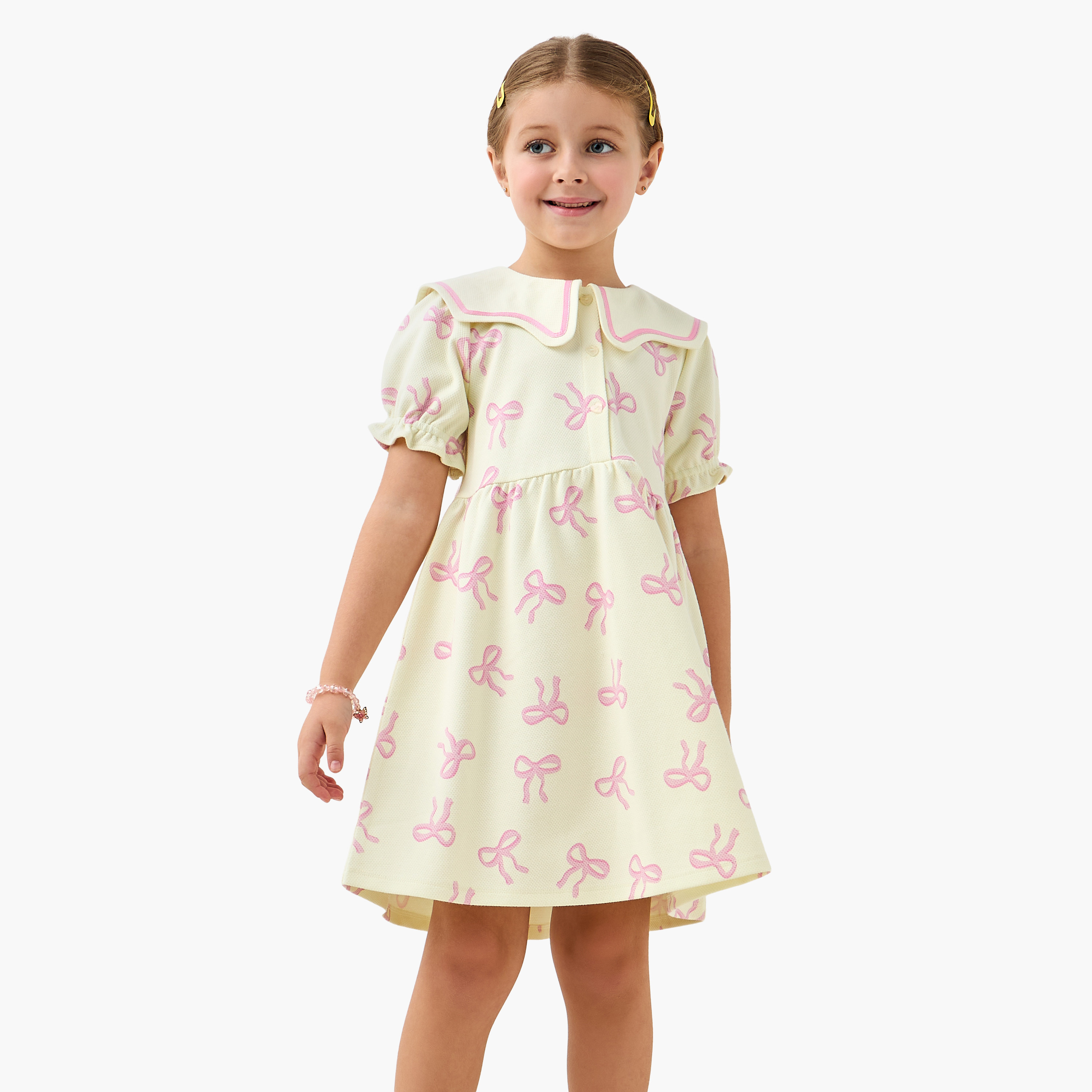 Juniors Sailor Neck Short Sleeves A-Line Dress with Bow Print-girls-clothing-dressesandjumpsuits-image-2