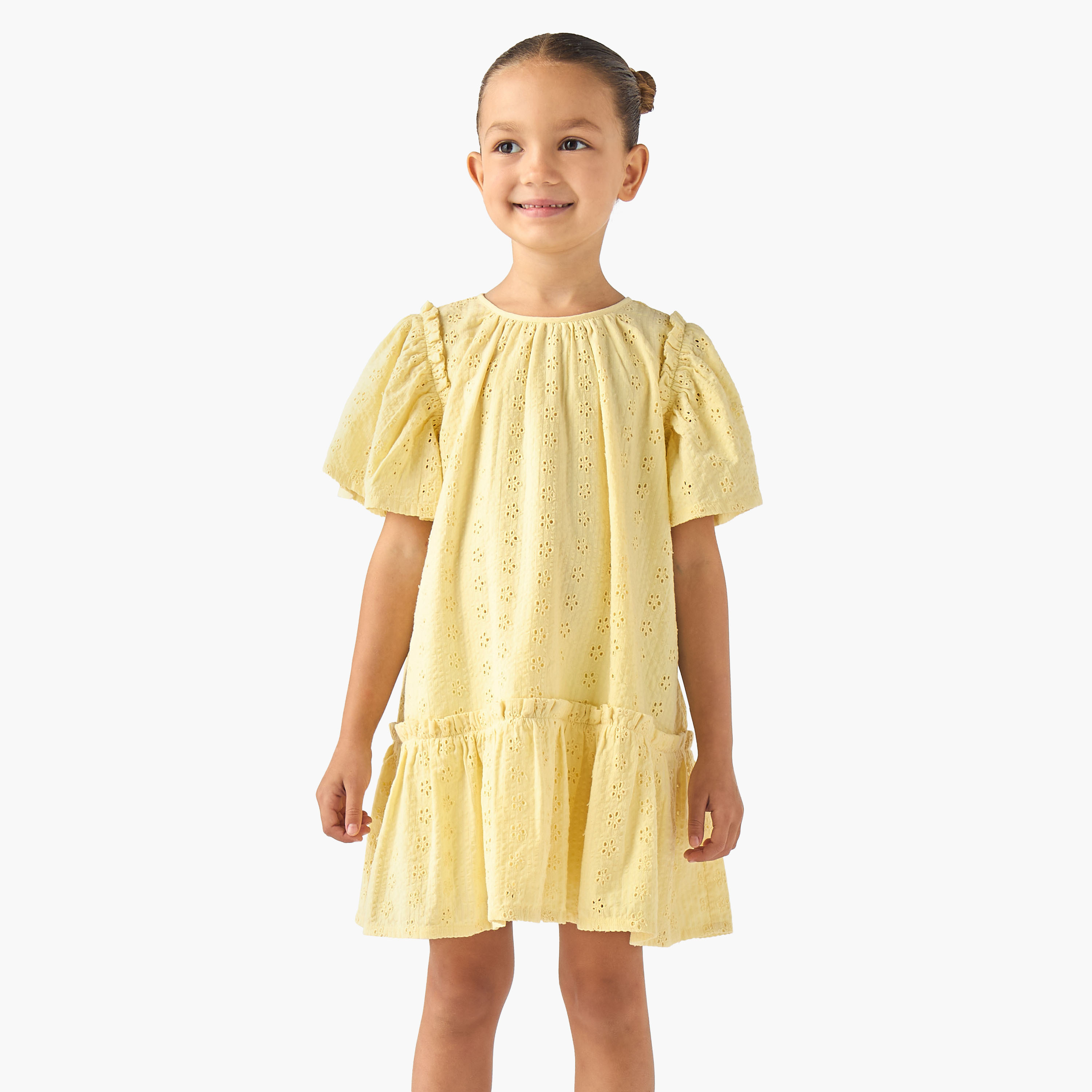 Juniors Round Neck Short Sleeves A-line Dress with Schiffli Detail-girls-clothing-dressesandjumpsuits-image-1