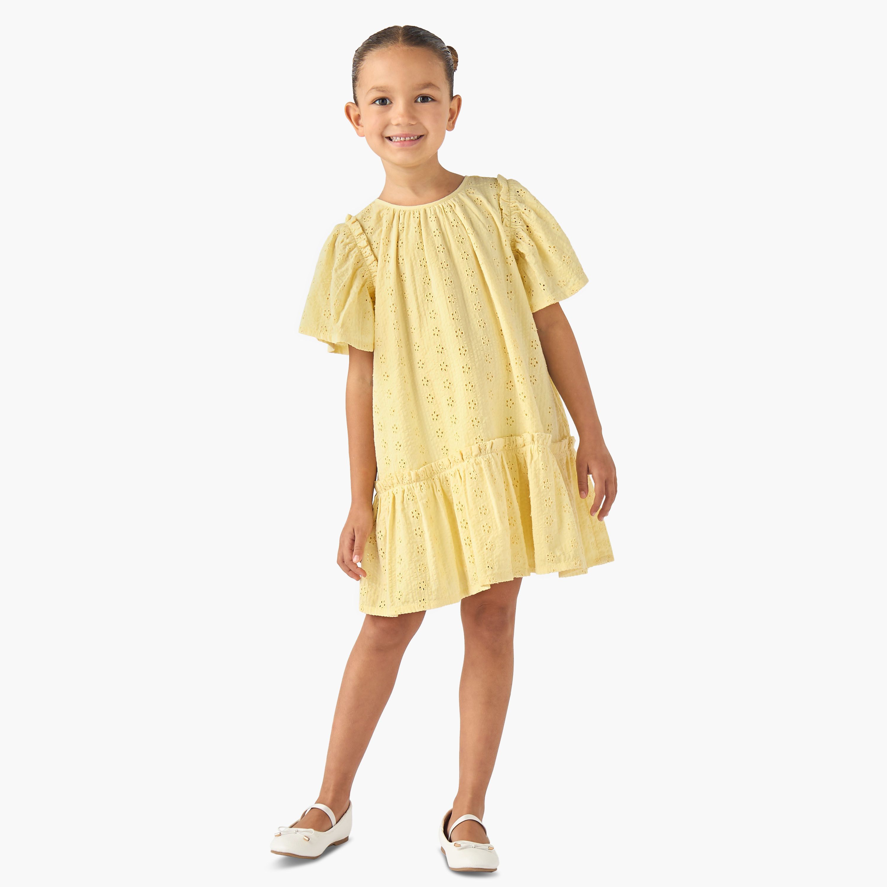 Juniors Round Neck Short Sleeves A-line Dress with Schiffli Detail-girls-clothing-dressesandjumpsuits-image-2