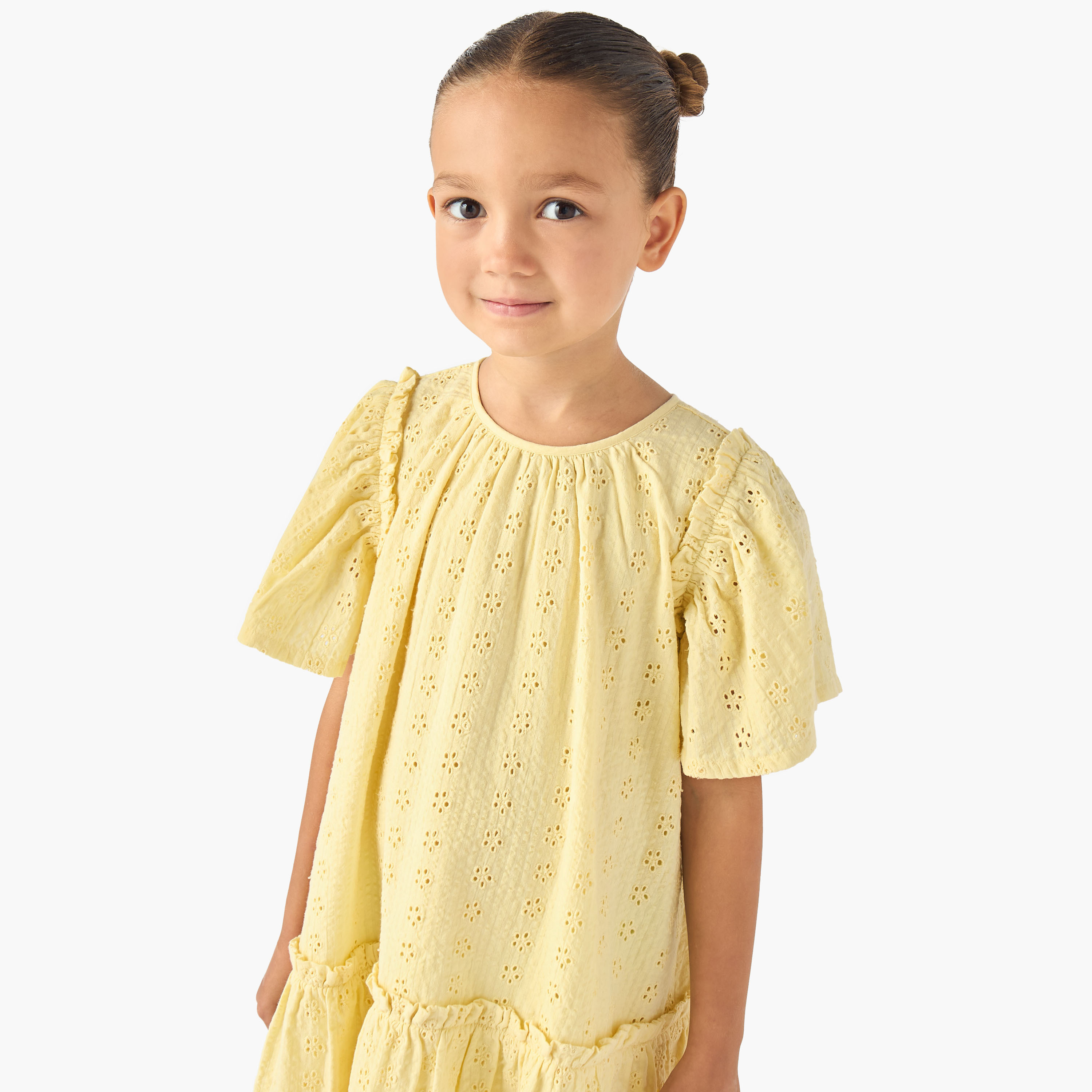 Juniors Round Neck Short Sleeves A-line Dress with Schiffli Detail-girls-clothing-dressesandjumpsuits-image-4