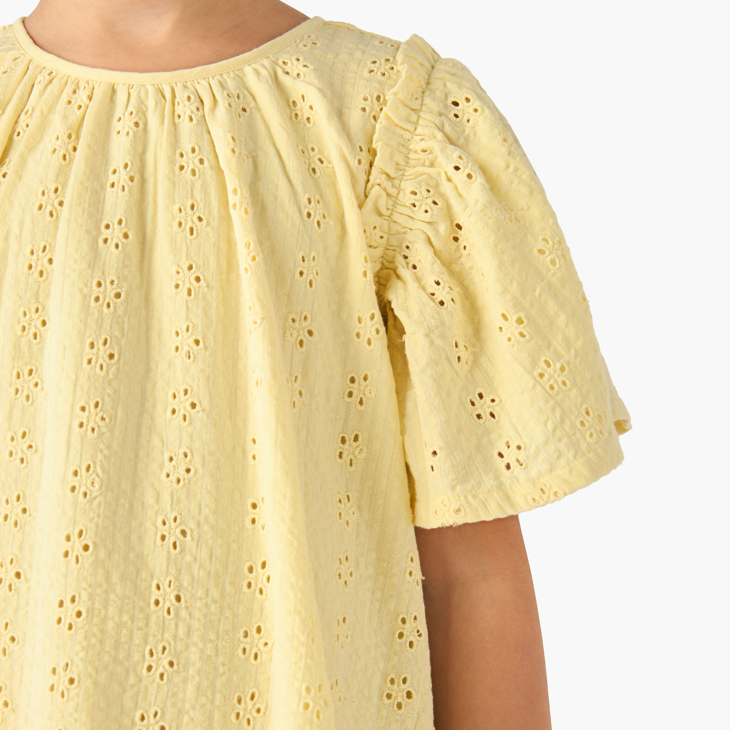 Juniors Round Neck Short Sleeves A-line Dress with Schiffli Detail-girls-clothing-dressesandjumpsuits-image-5