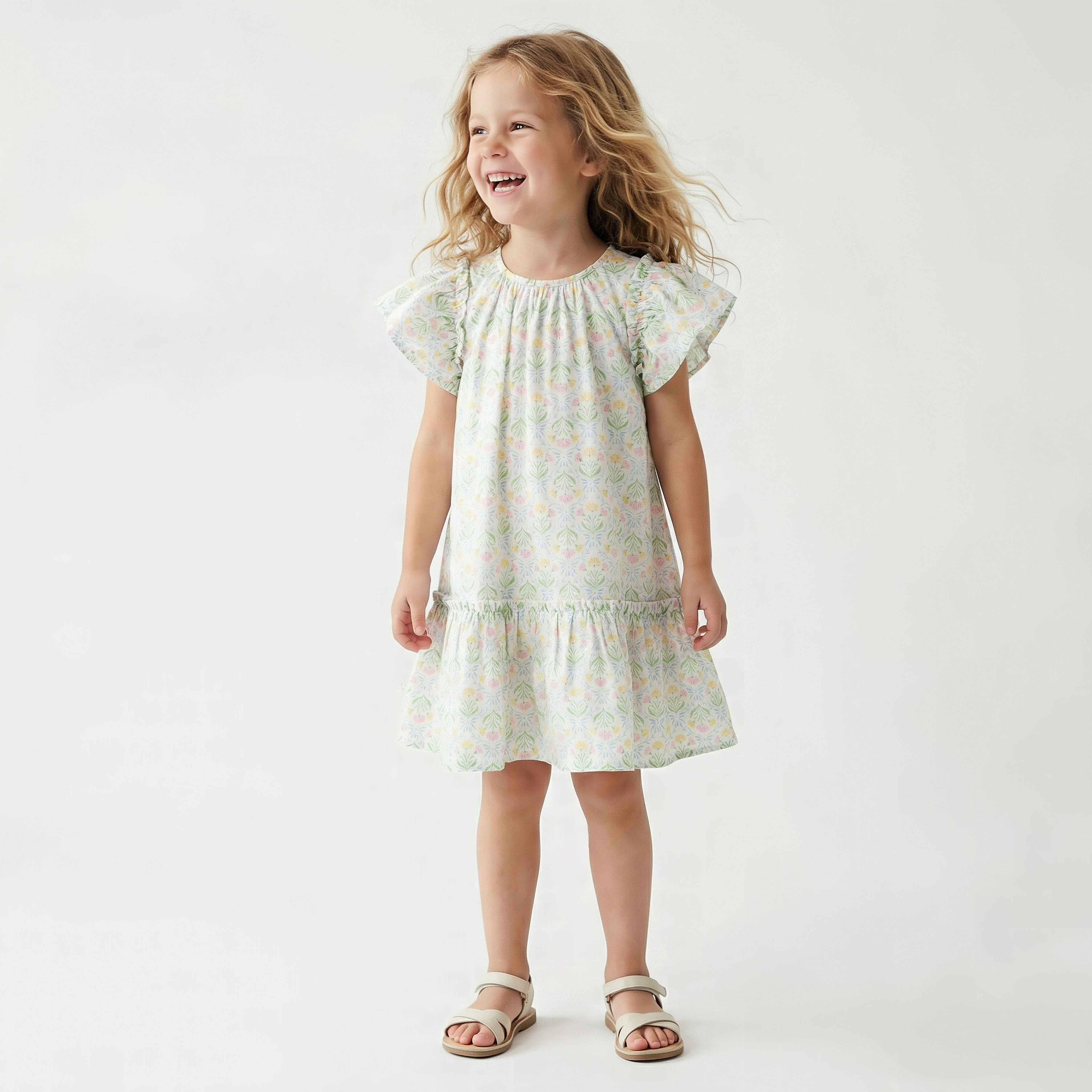 Juniors Round Neck Short Sleeves A-line Dress with Schiffli Detail-girls-clothing-dressesandjumpsuits-image-1