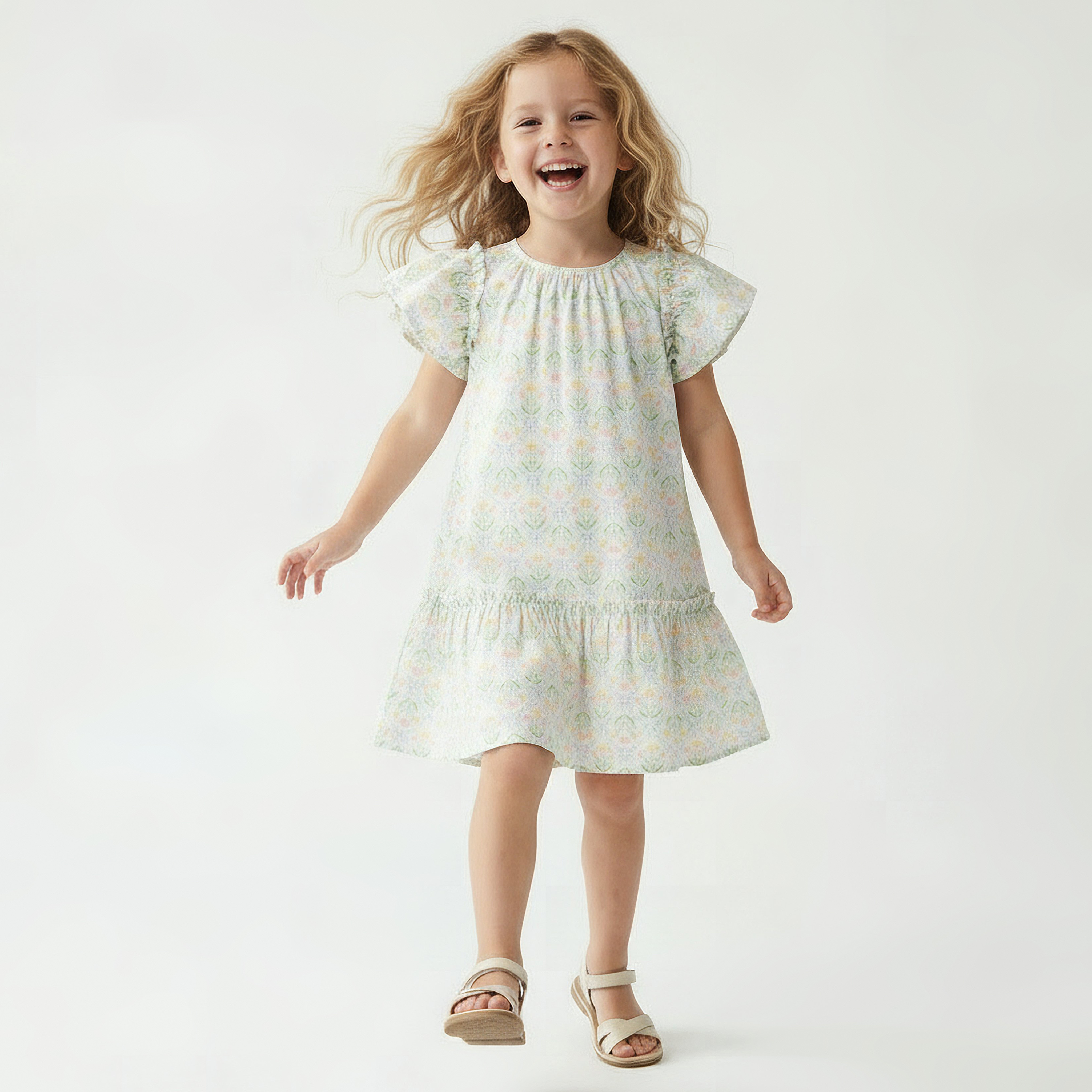Juniors Round Neck Short Sleeves A-line Dress with Schiffli Detail-girls-clothing-dressesandjumpsuits-image-5