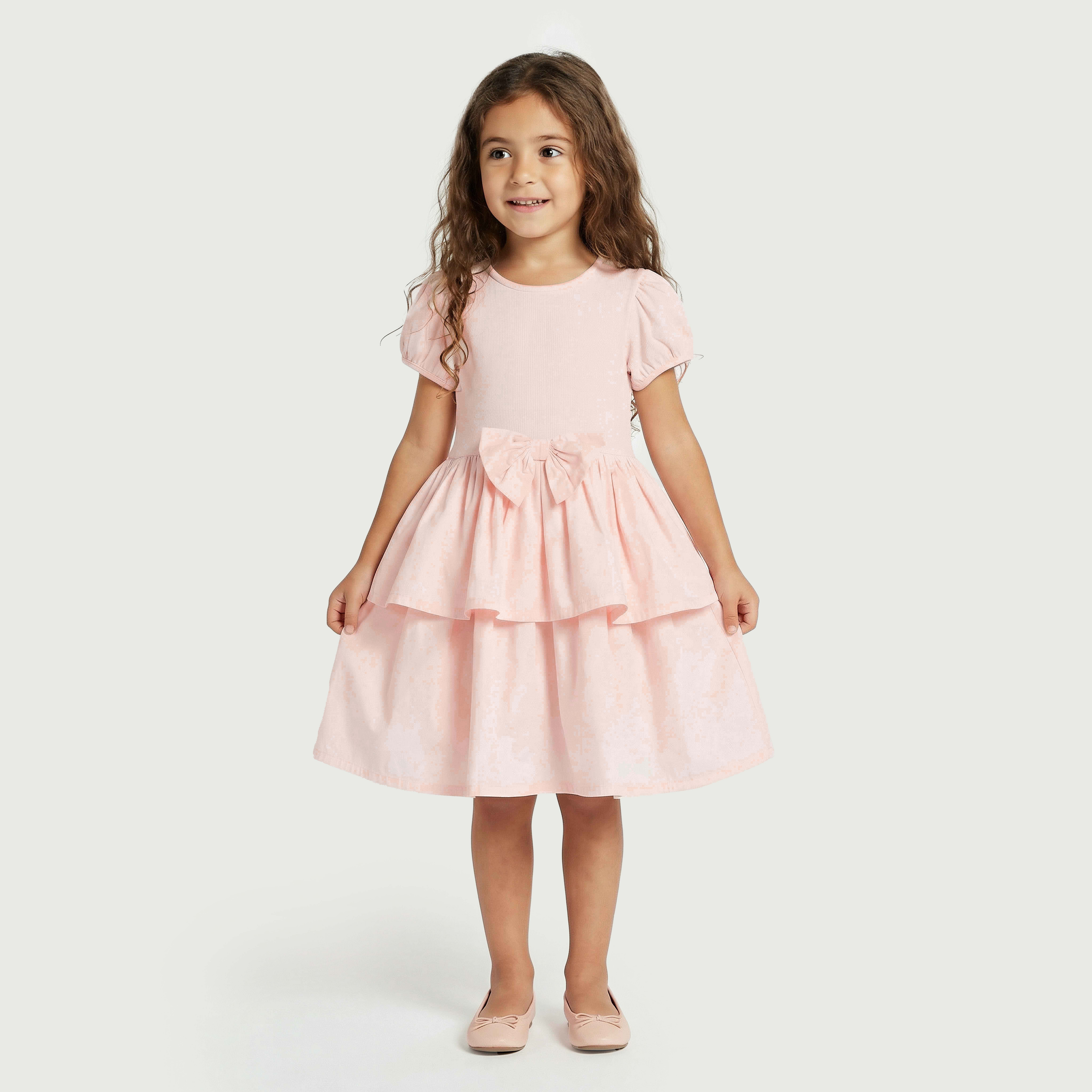 Juniors Round Neck Short Sleeves Knee Length Tiered Dress with Bow Accent-girls-clothing-dressesandjumpsuits-image-1