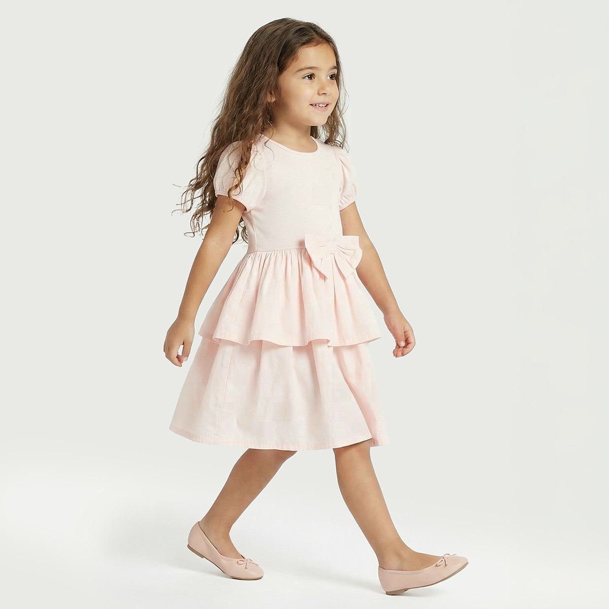 Juniors Round Neck Short Sleeves Knee Length Tiered Dress with Bow Accent-girls-clothing-dressesandjumpsuits-image-2