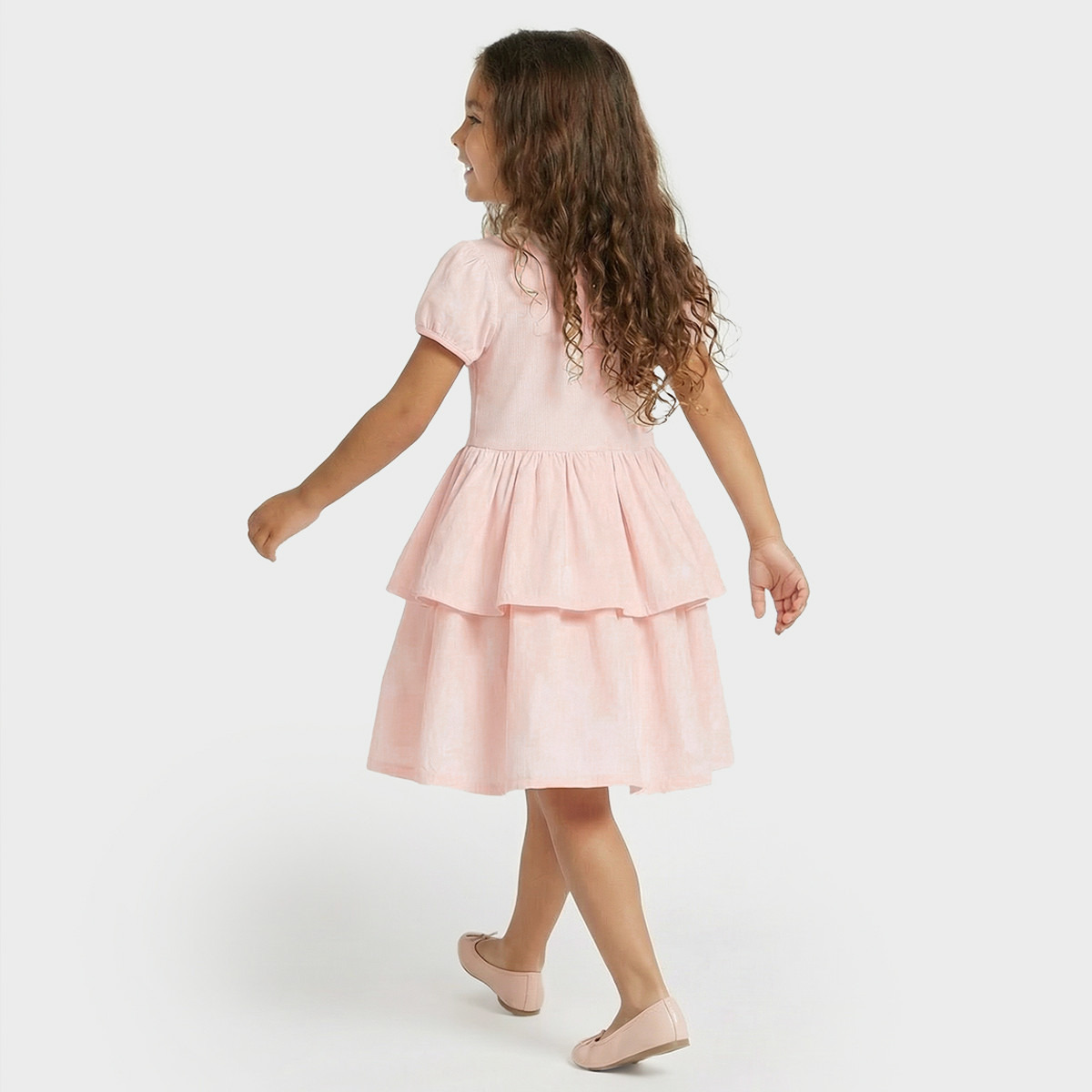 Juniors Round Neck Short Sleeves Knee Length Tiered Dress with Bow Accent-girls-clothing-dressesandjumpsuits-image-3