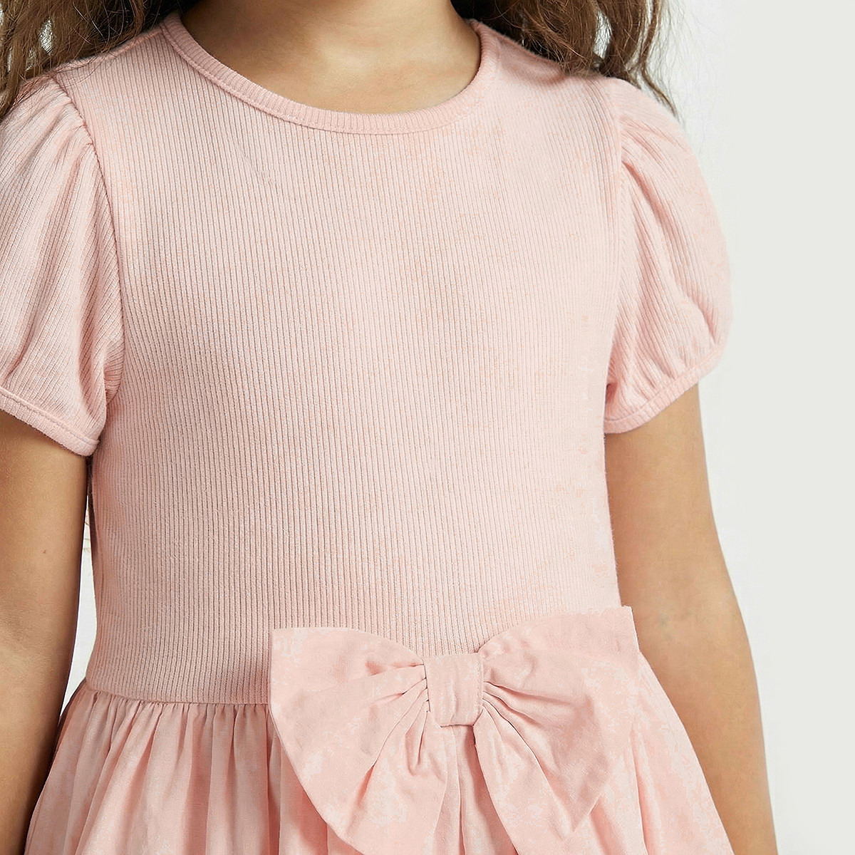 Juniors Round Neck Short Sleeves Knee Length Tiered Dress with Bow Accent-girls-clothing-dressesandjumpsuits-image-4