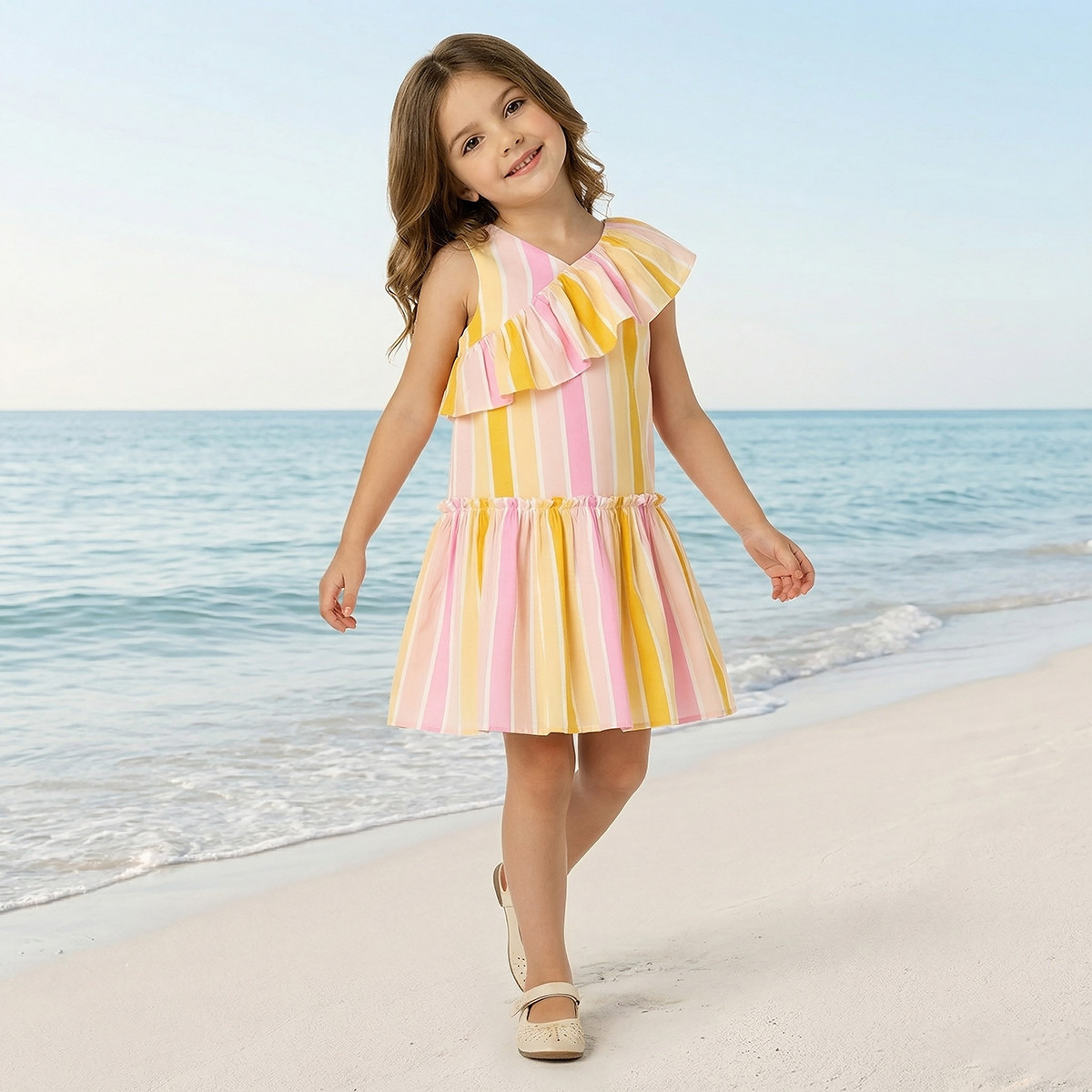 Juniors V-neck Sleeveless A-line Dress with Stripes-girls-clothing-dressesandjumpsuits-image-1