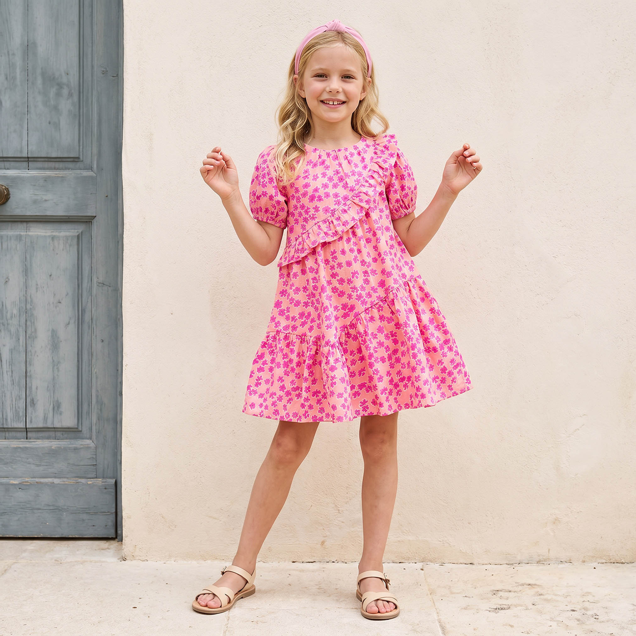 Juniors Round Neck Short Sleeves Knee Length A-line Dress with Floral Print-girls-clothing-dressesandjumpsuits-image-1