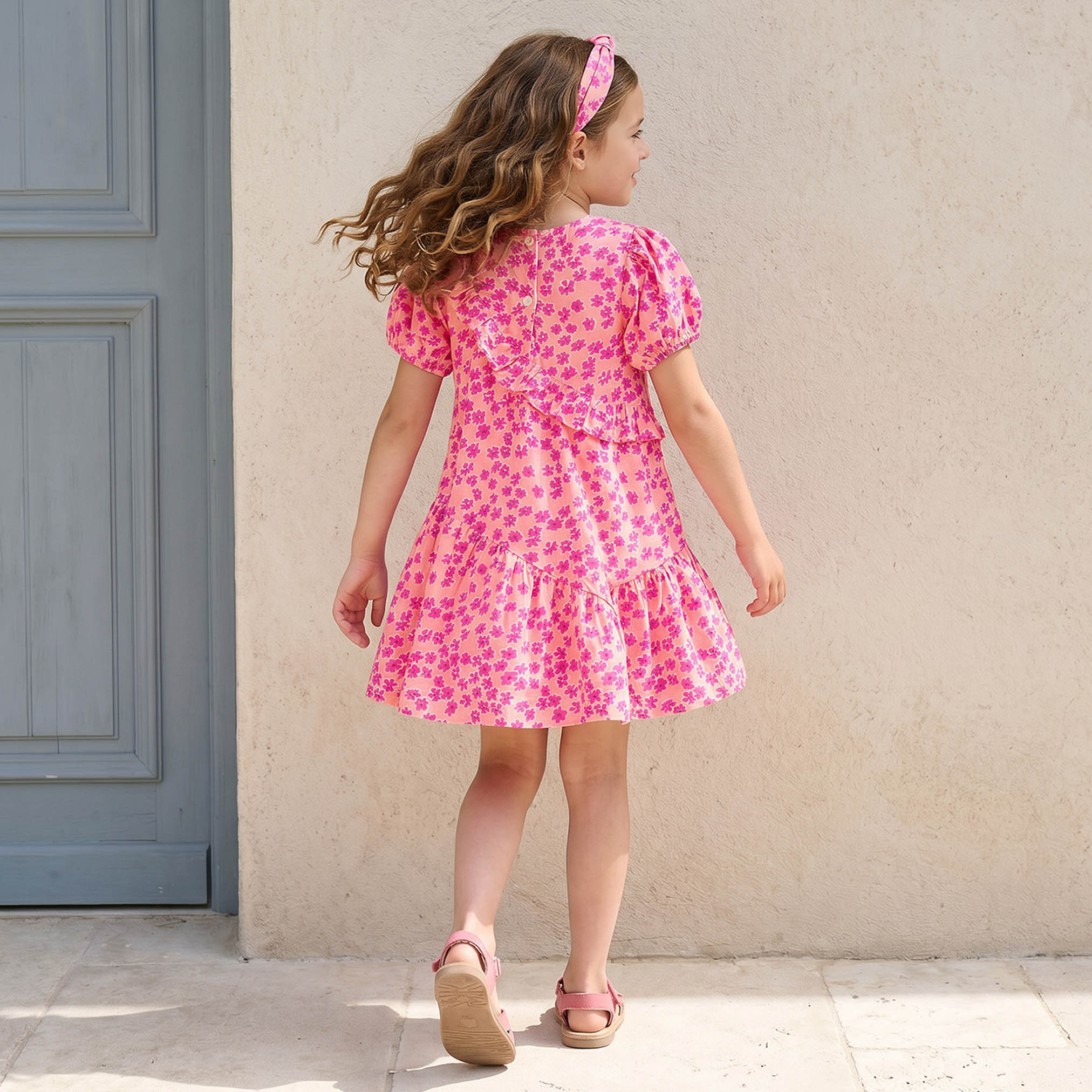 Juniors Round Neck Short Sleeves Knee Length A-line Dress with Floral Print-girls-clothing-dressesandjumpsuits-image-2