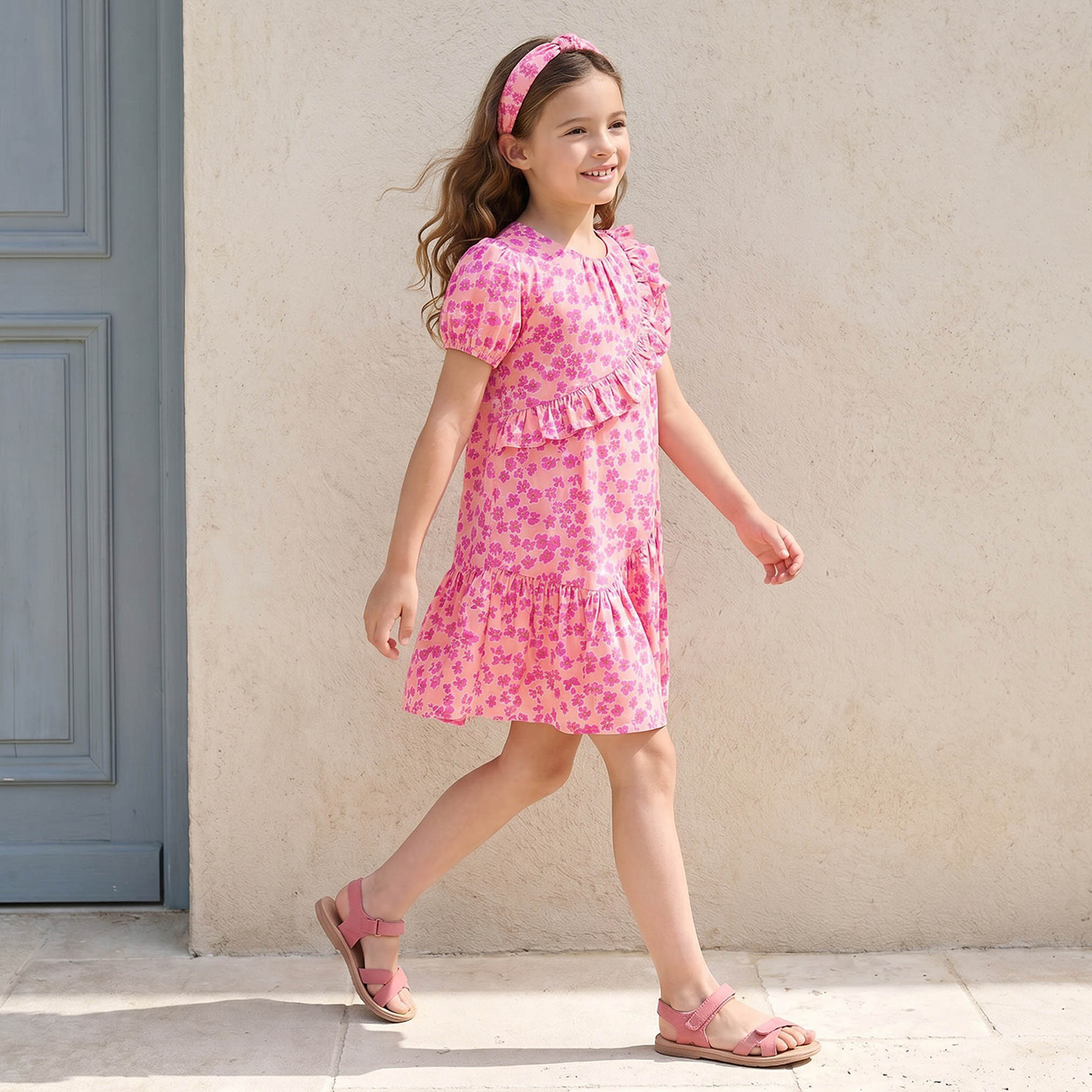 Juniors Round Neck Short Sleeves Knee Length A-line Dress with Floral Print-girls-clothing-dressesandjumpsuits-image-4