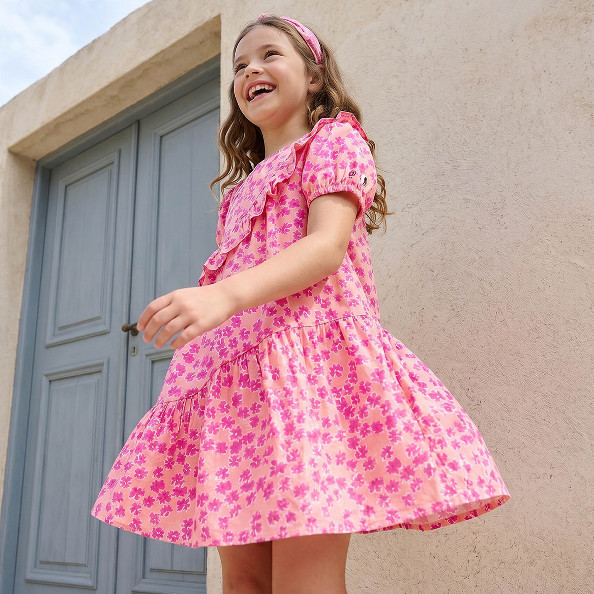 Juniors Round Neck Short Sleeves Knee Length A-line Dress with Floral Print-girls-clothing-dressesandjumpsuits-image-5