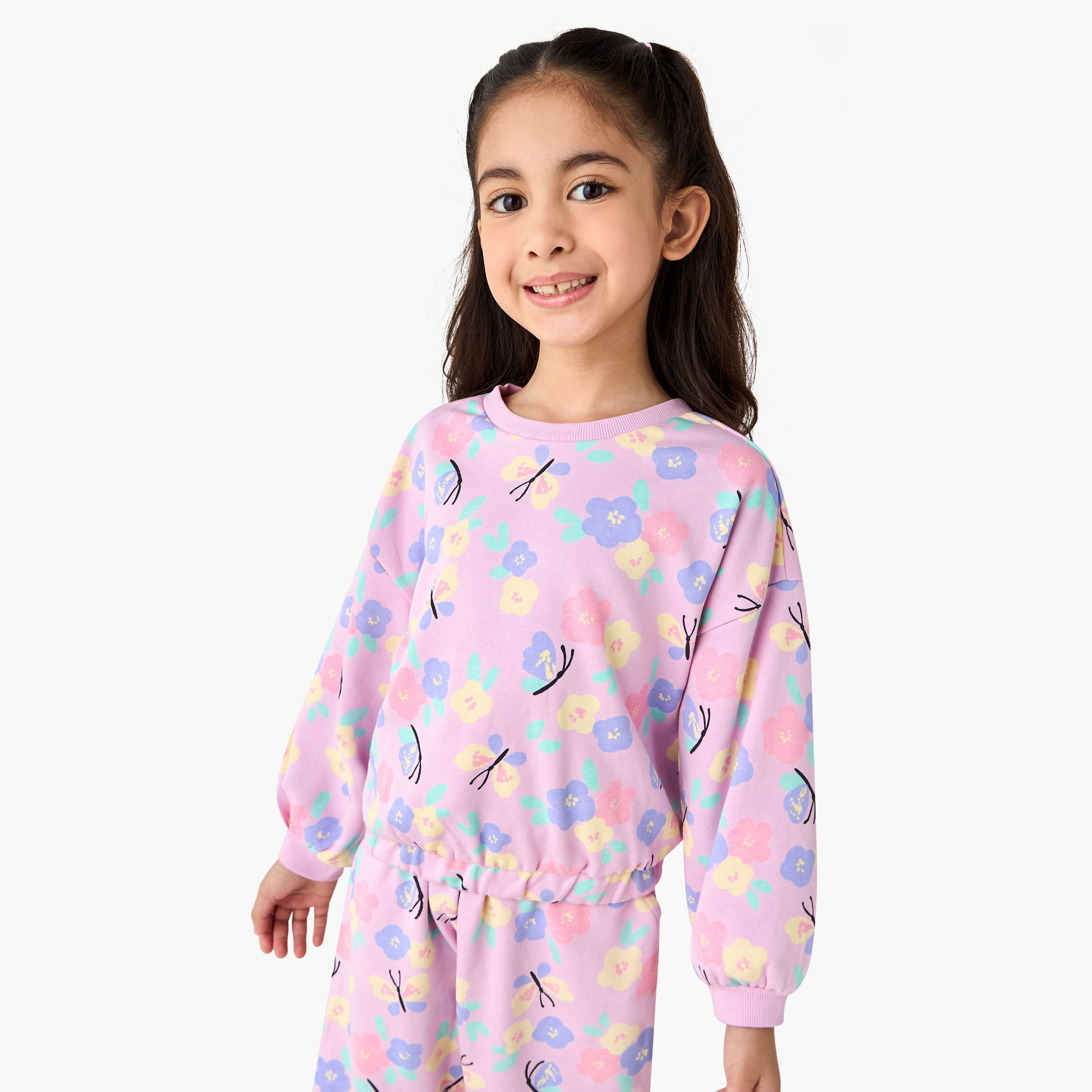 Juniors Crew Neck Sweatshirt with Floral Print-baby-girls-clothing-winterwear-sweatshirts-image-1