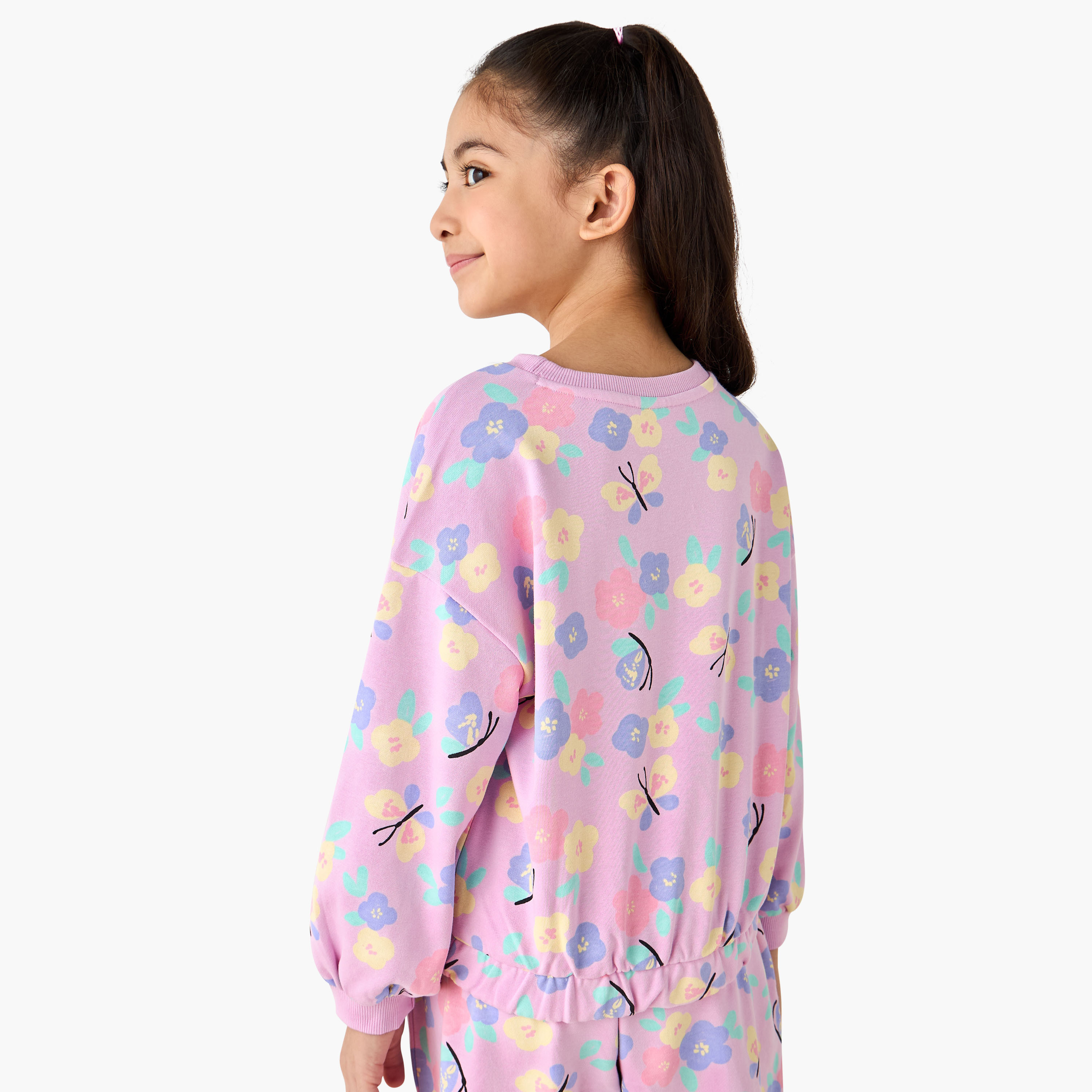 Juniors Crew Neck Sweatshirt with Floral Print-baby-girls-clothing-winterwear-sweatshirts-image-3