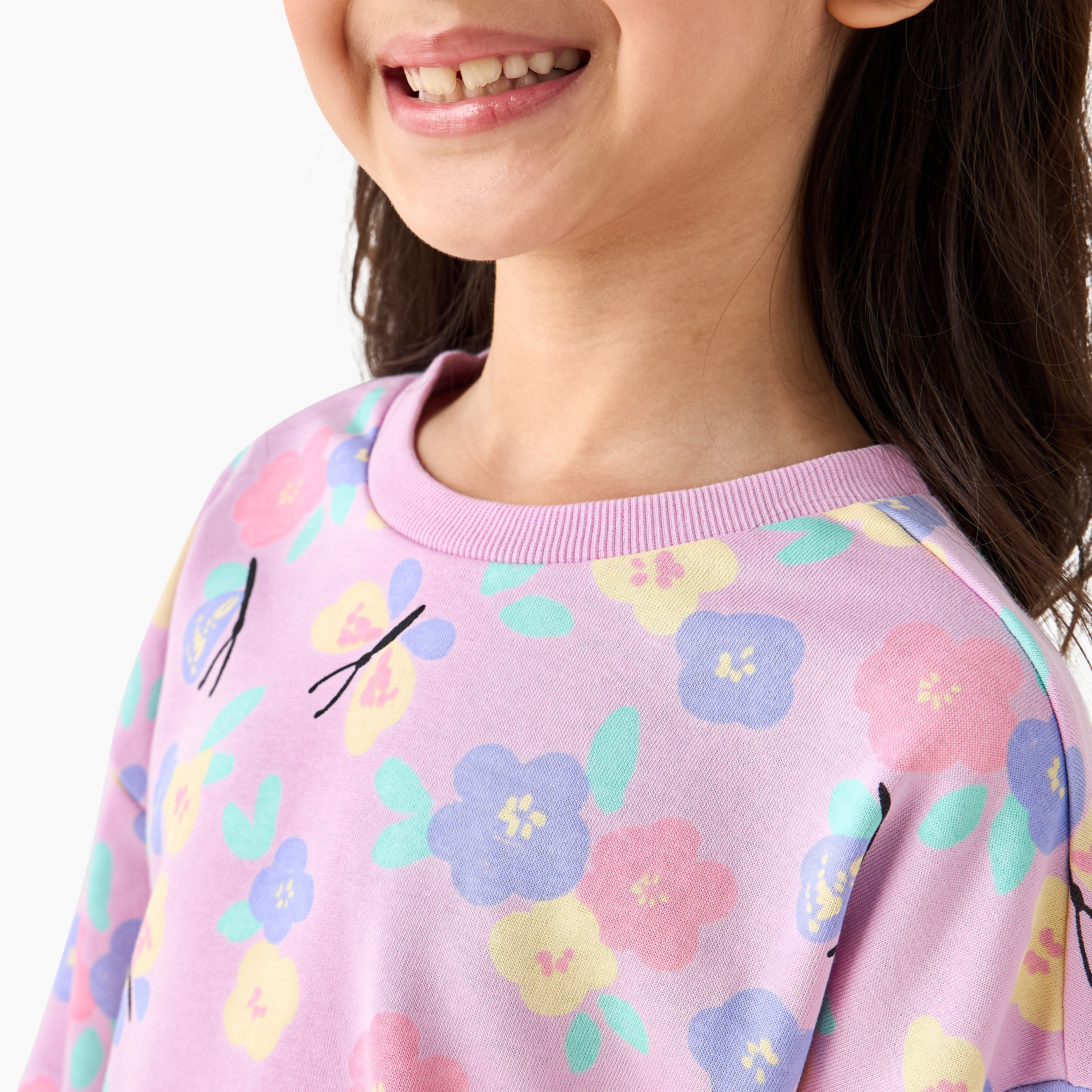 Juniors Crew Neck Sweatshirt with Floral Print-baby-girls-clothing-winterwear-sweatshirts-image-4