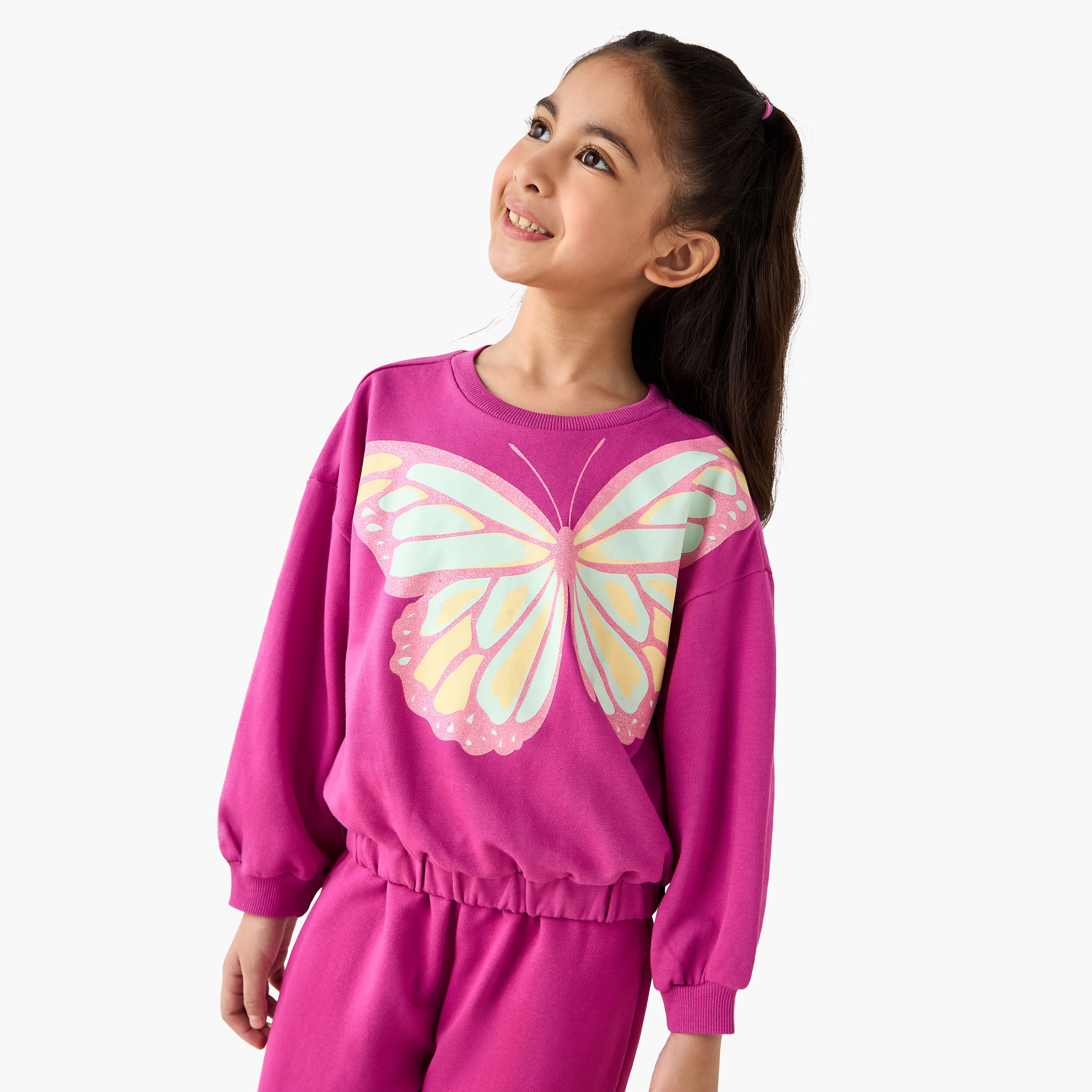 Juniors Round Neck Sweatshirt with Butterfly Print-baby-girls-clothing-winterwear-sweatshirts-image-1