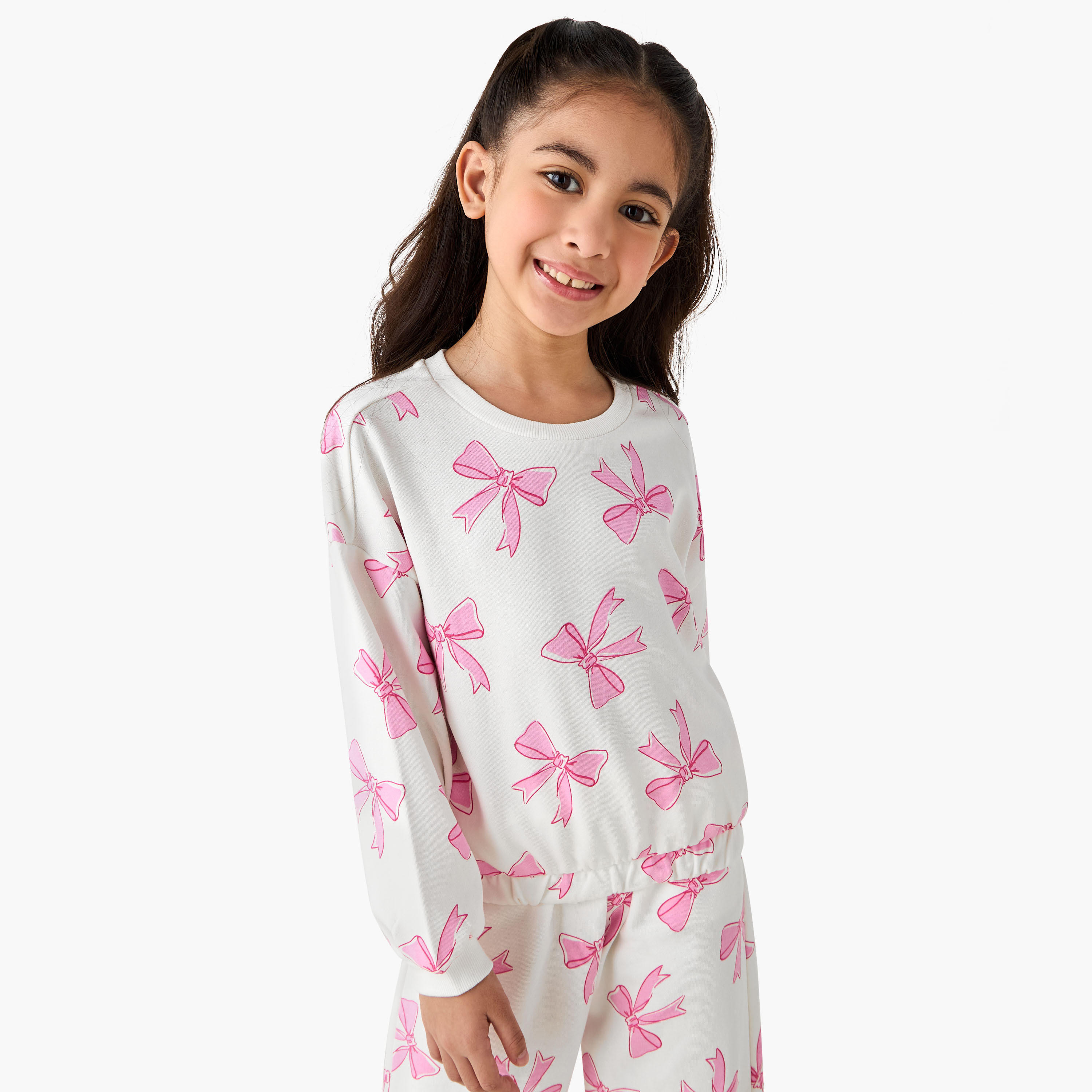 Juniors Crew Neck Sweatshirt with Bow Print-baby-girls-clothing-winterwear-sweatshirts-image-1