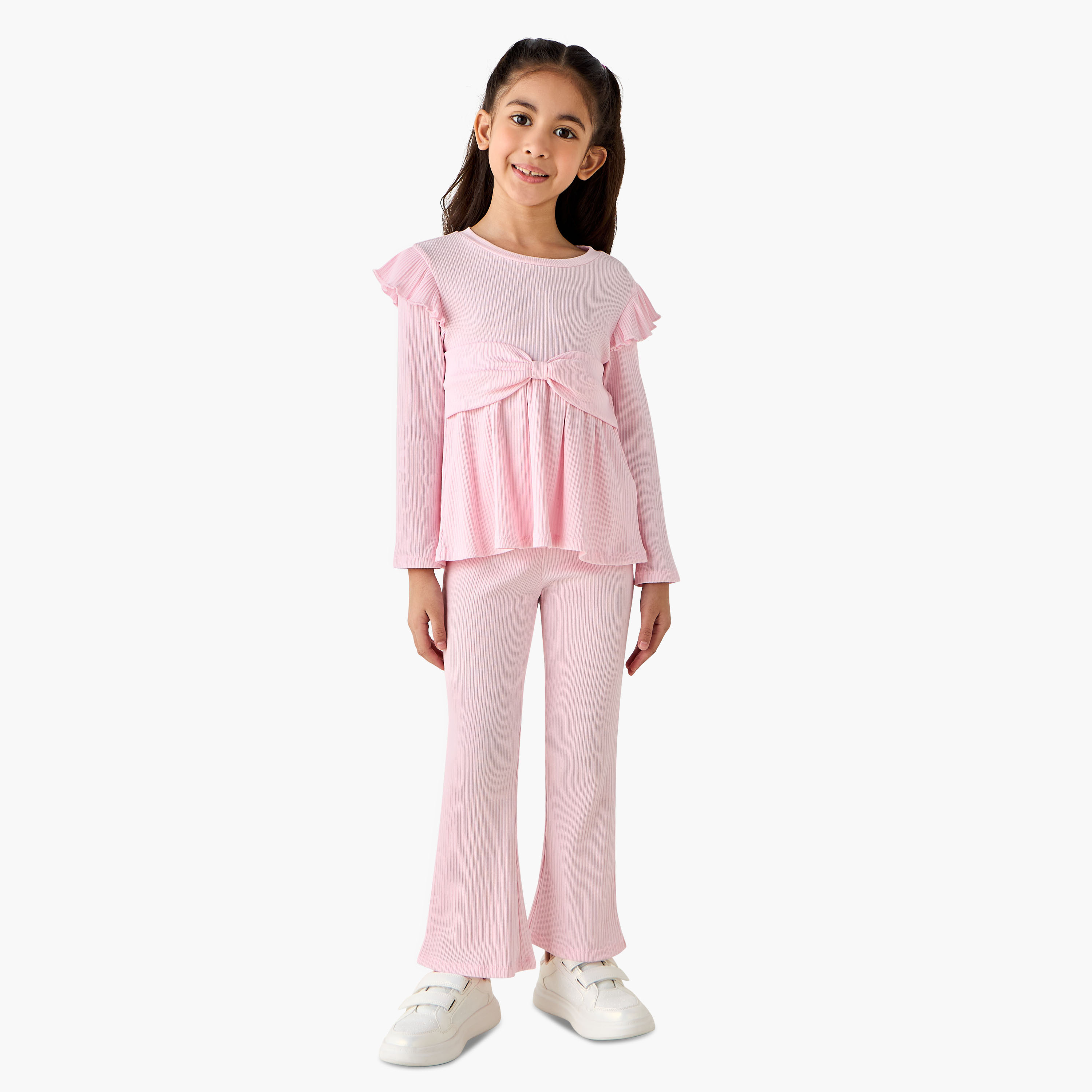 طقم بنطلون واسع الحواف وبلوزة برقبة مستديرة وأكمام طويلة بارز الملمس من جونيورز-girls-clothing-setsandcoords-image-6