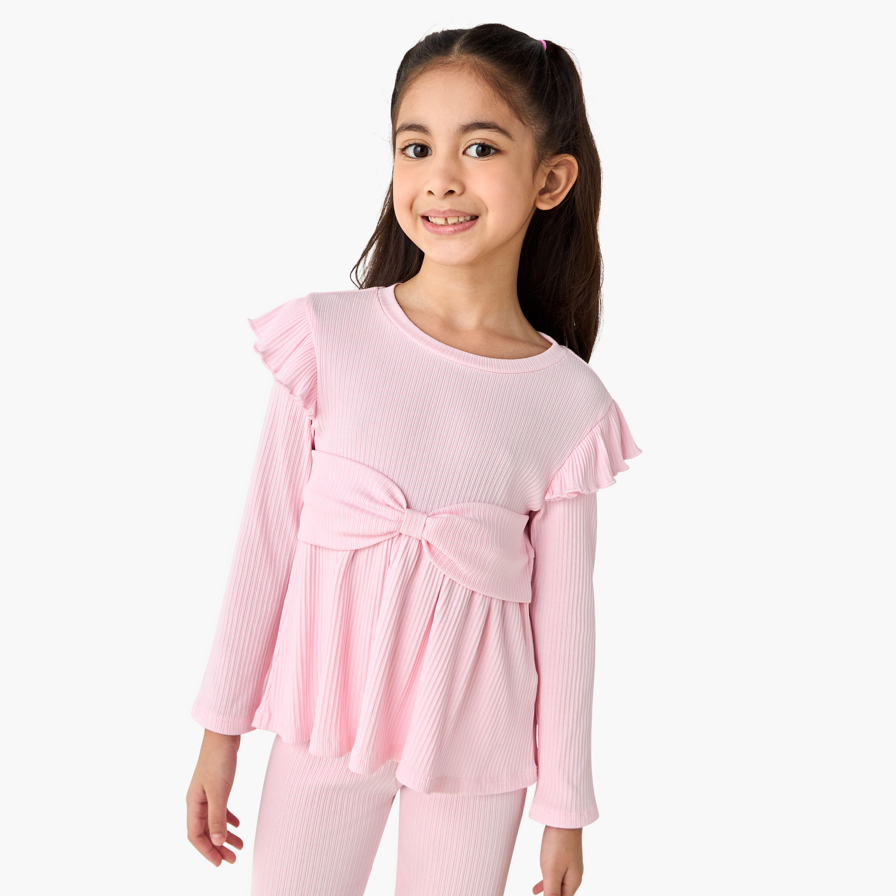 طقم بنطلون واسع الحواف وبلوزة برقبة مستديرة وأكمام طويلة بارز الملمس من جونيورز-girls-clothing-setsandcoords-image-5
