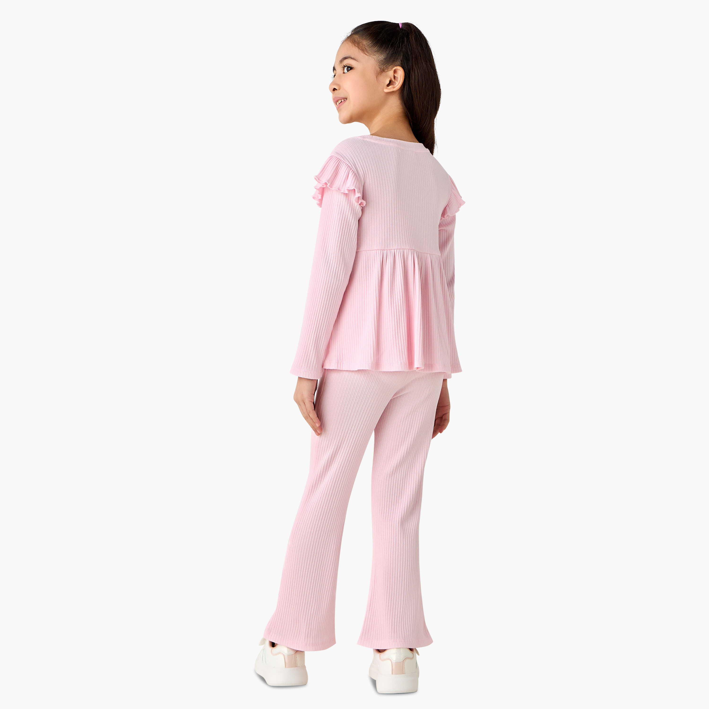 طقم بنطلون واسع الحواف وبلوزة برقبة مستديرة وأكمام طويلة بارز الملمس من جونيورز-girls-clothing-setsandcoords-image-3