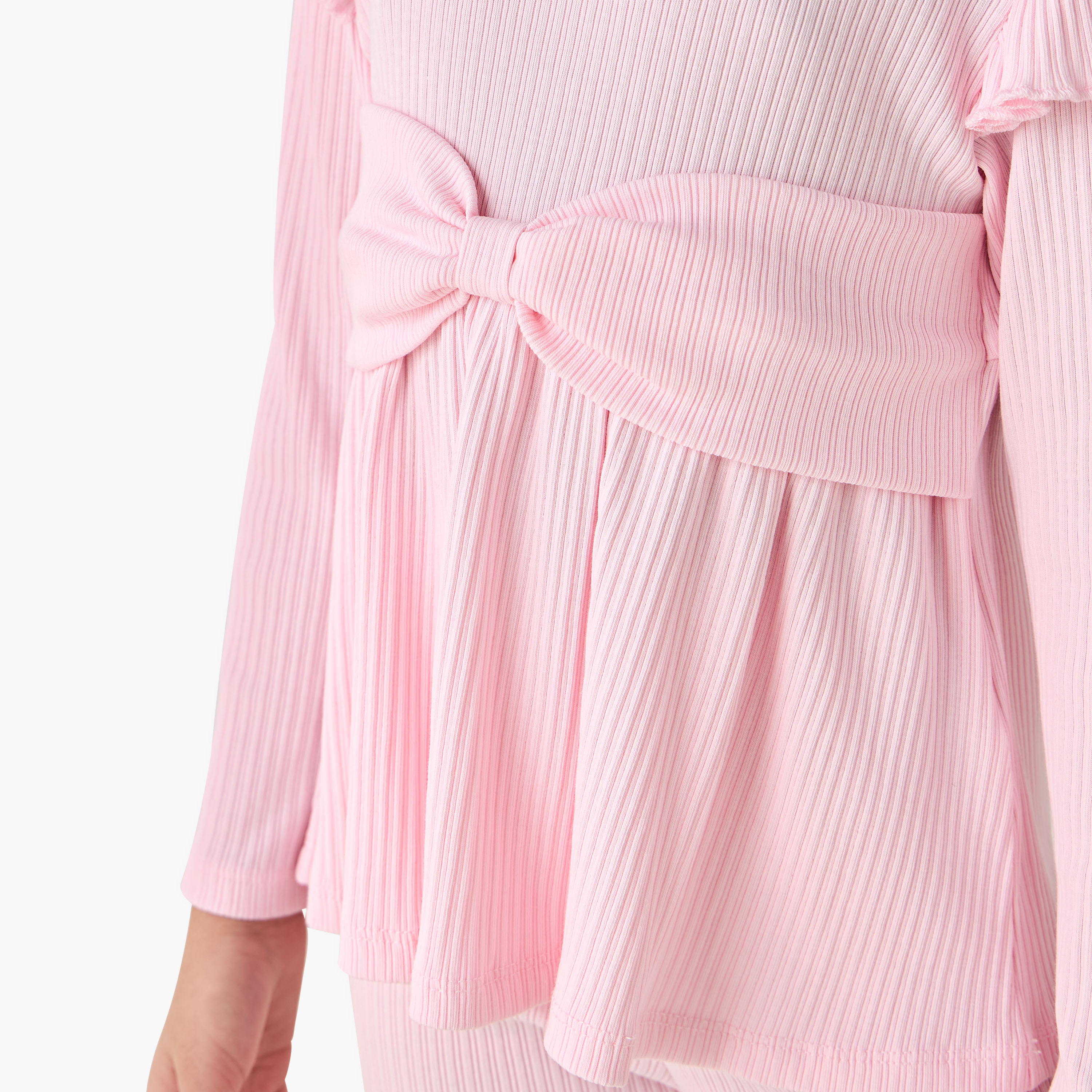 طقم بنطلون واسع الحواف وبلوزة برقبة مستديرة وأكمام طويلة بارز الملمس من جونيورز-girls-clothing-setsandcoords-image-2