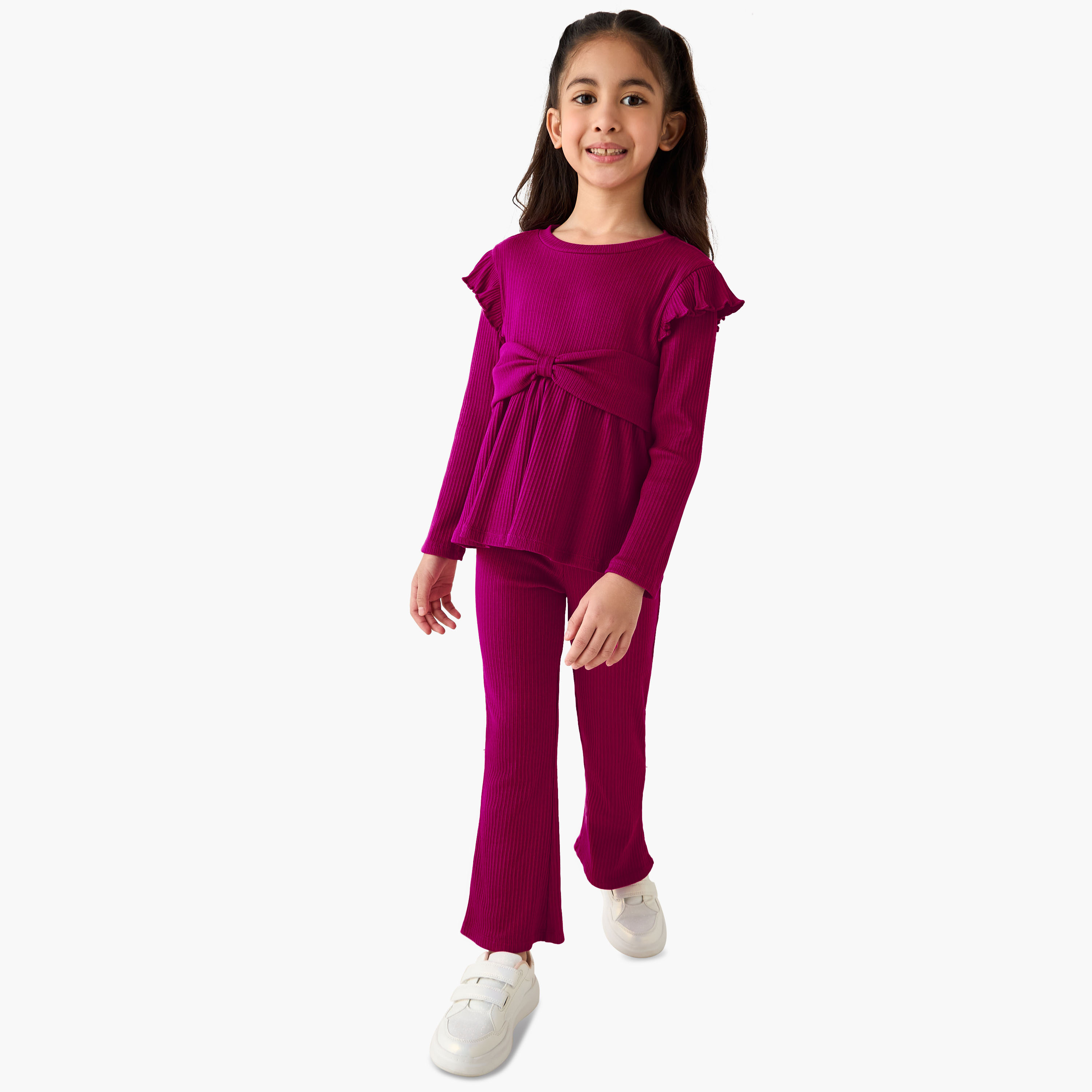 Juniors Round Neck Long Sleeve Top and Flared Pants Set with Ribbed Texture-girls-clothing-setsandcoords-image-1