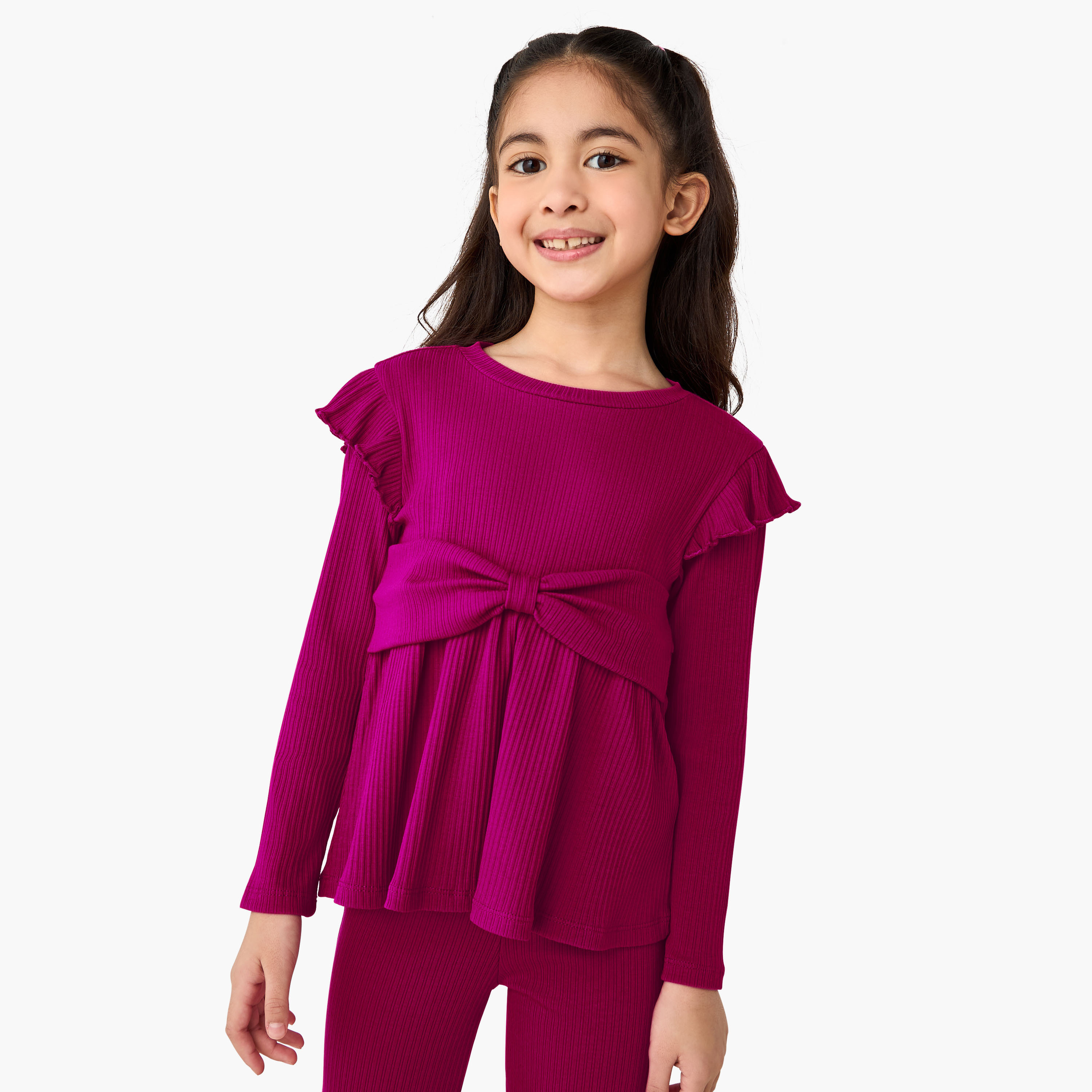 Juniors Round Neck Long Sleeve Top and Flared Pants Set with Ribbed Texture-girls-clothing-setsandcoords-image-2
