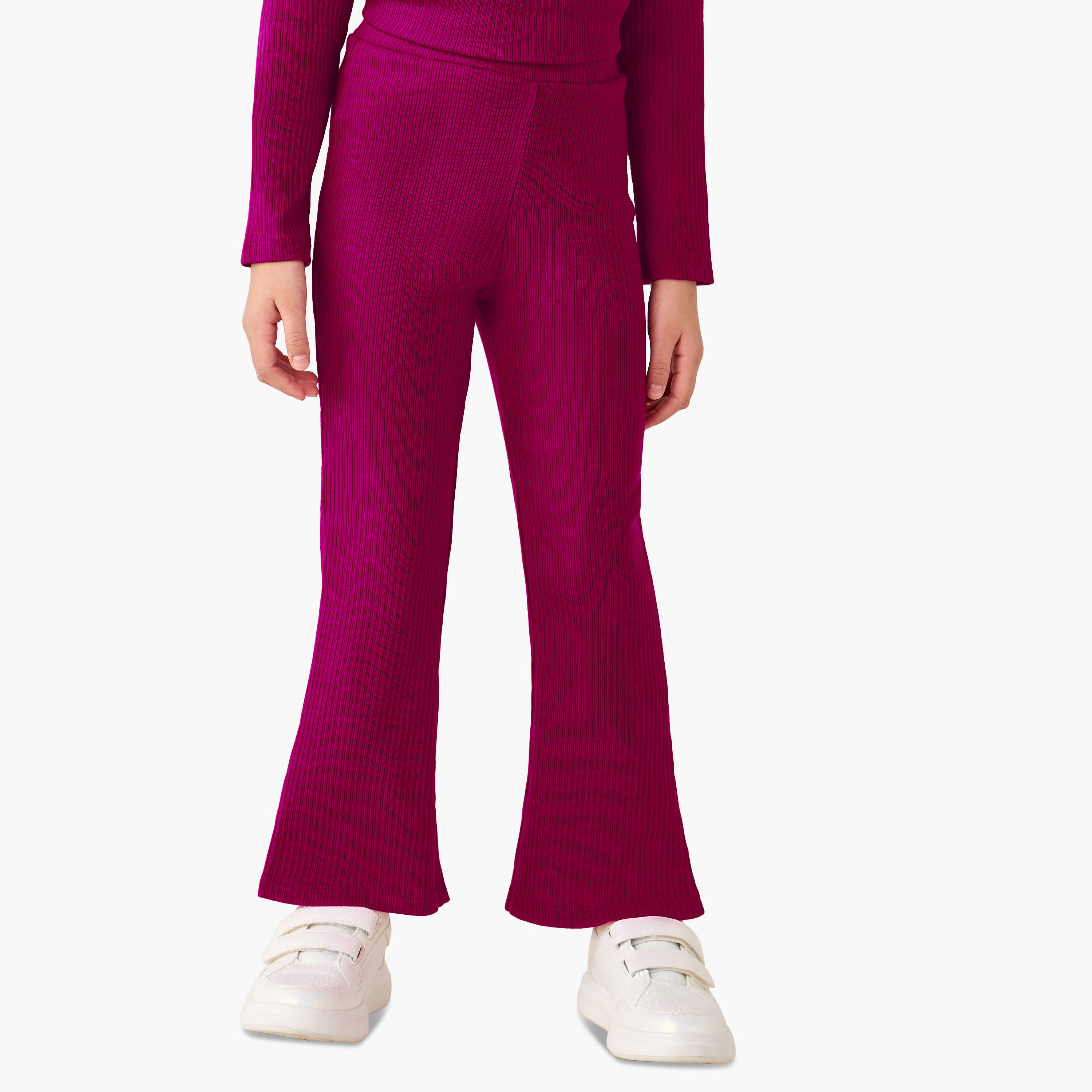 Juniors Round Neck Long Sleeve Top and Flared Pants Set with Ribbed Texture-girls-clothing-setsandcoords-image-3