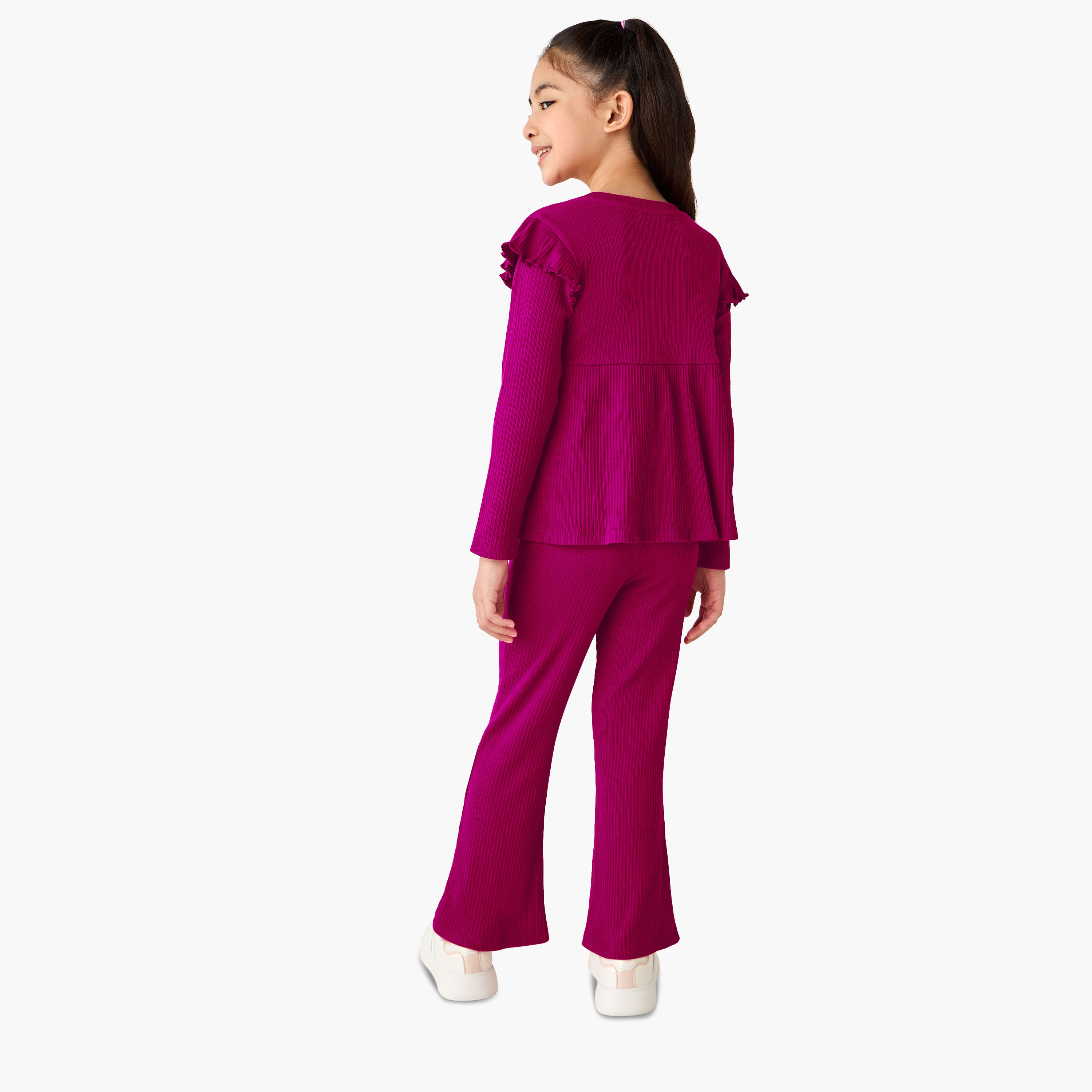 Juniors Round Neck Long Sleeve Top and Flared Pants Set with Ribbed Texture-girls-clothing-setsandcoords-image-4