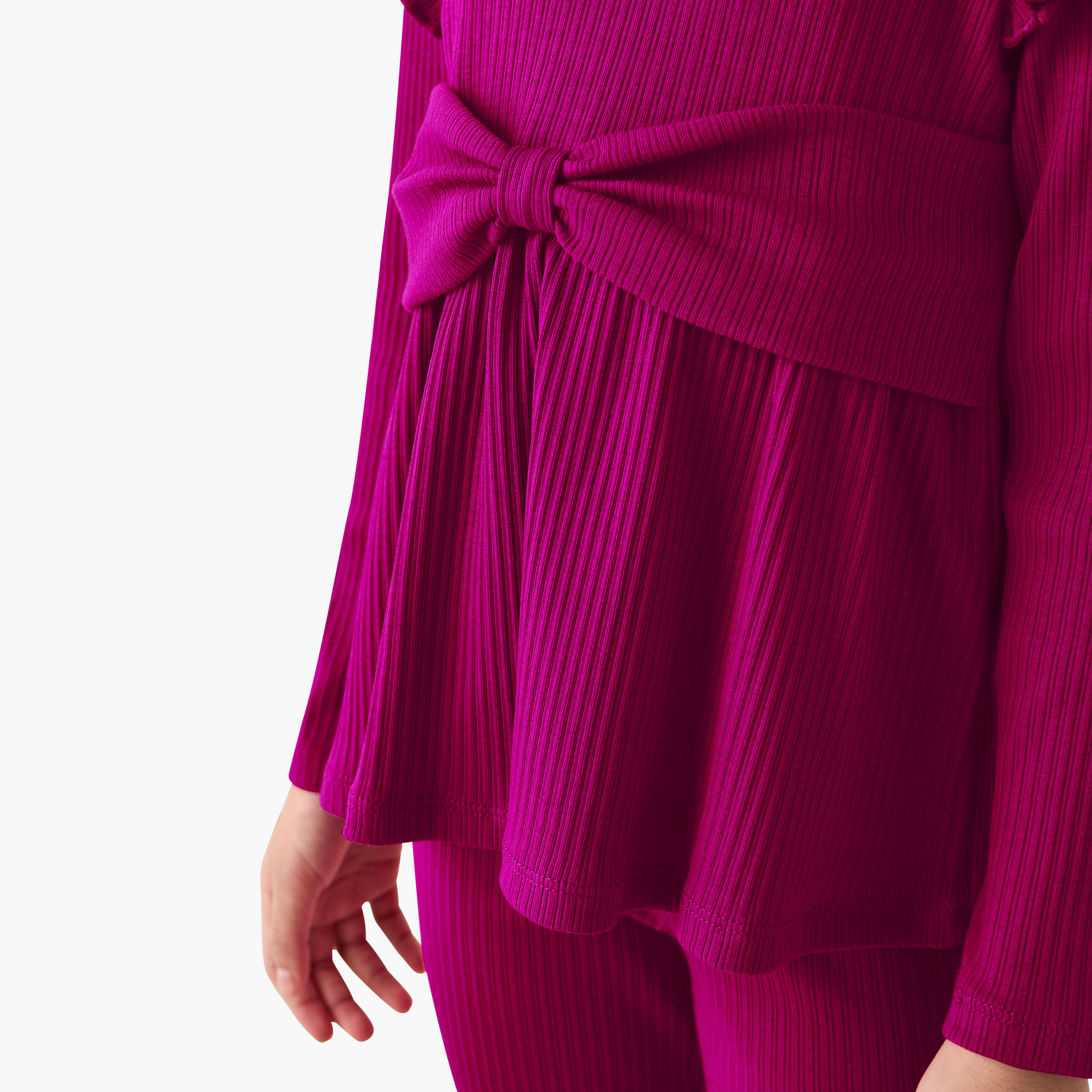 Juniors Round Neck Long Sleeve Top and Flared Pants Set with Ribbed Texture-girls-clothing-setsandcoords-image-5